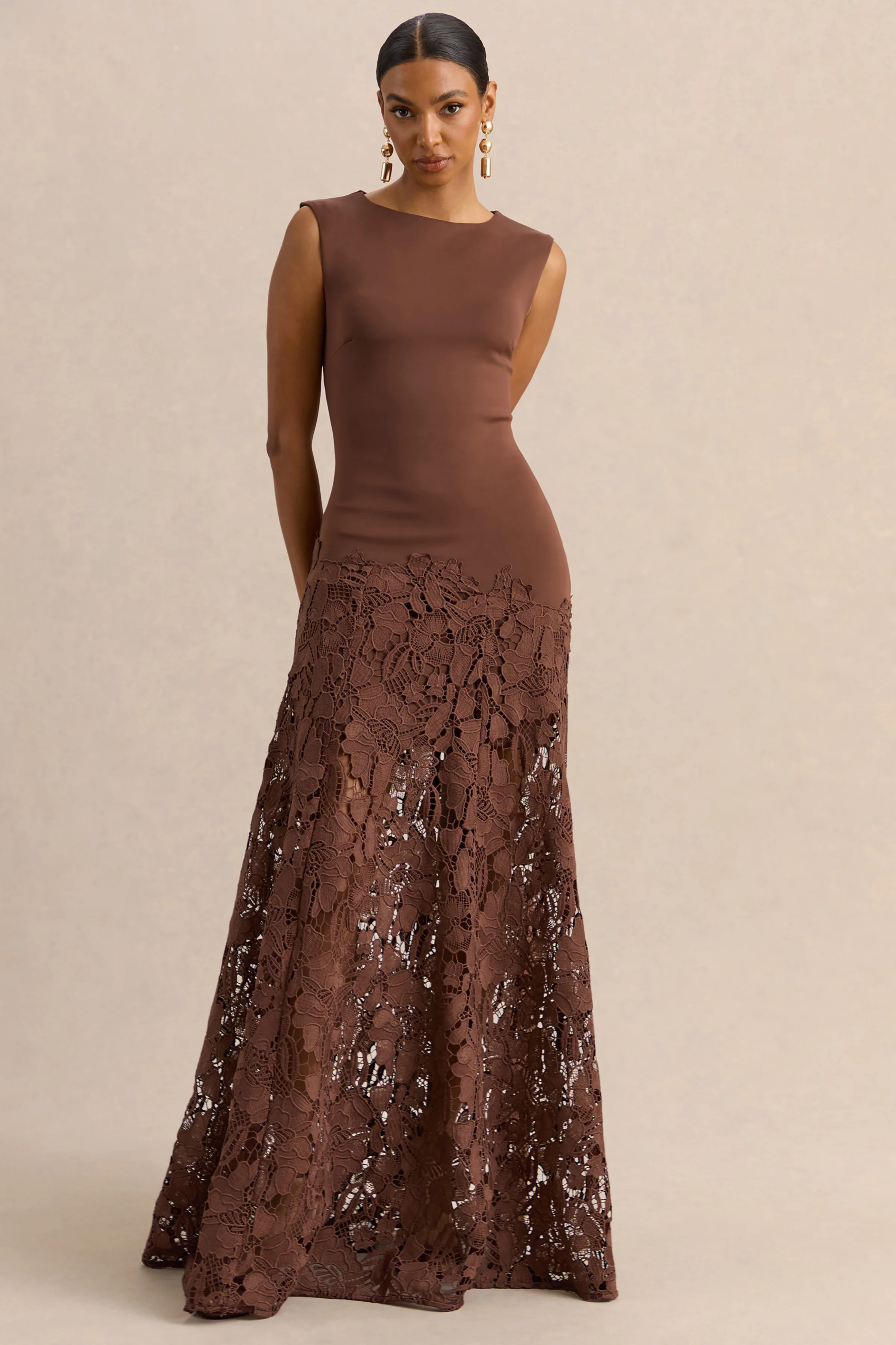 Calune | Brown Lace Wide-Neck Maxi Dress