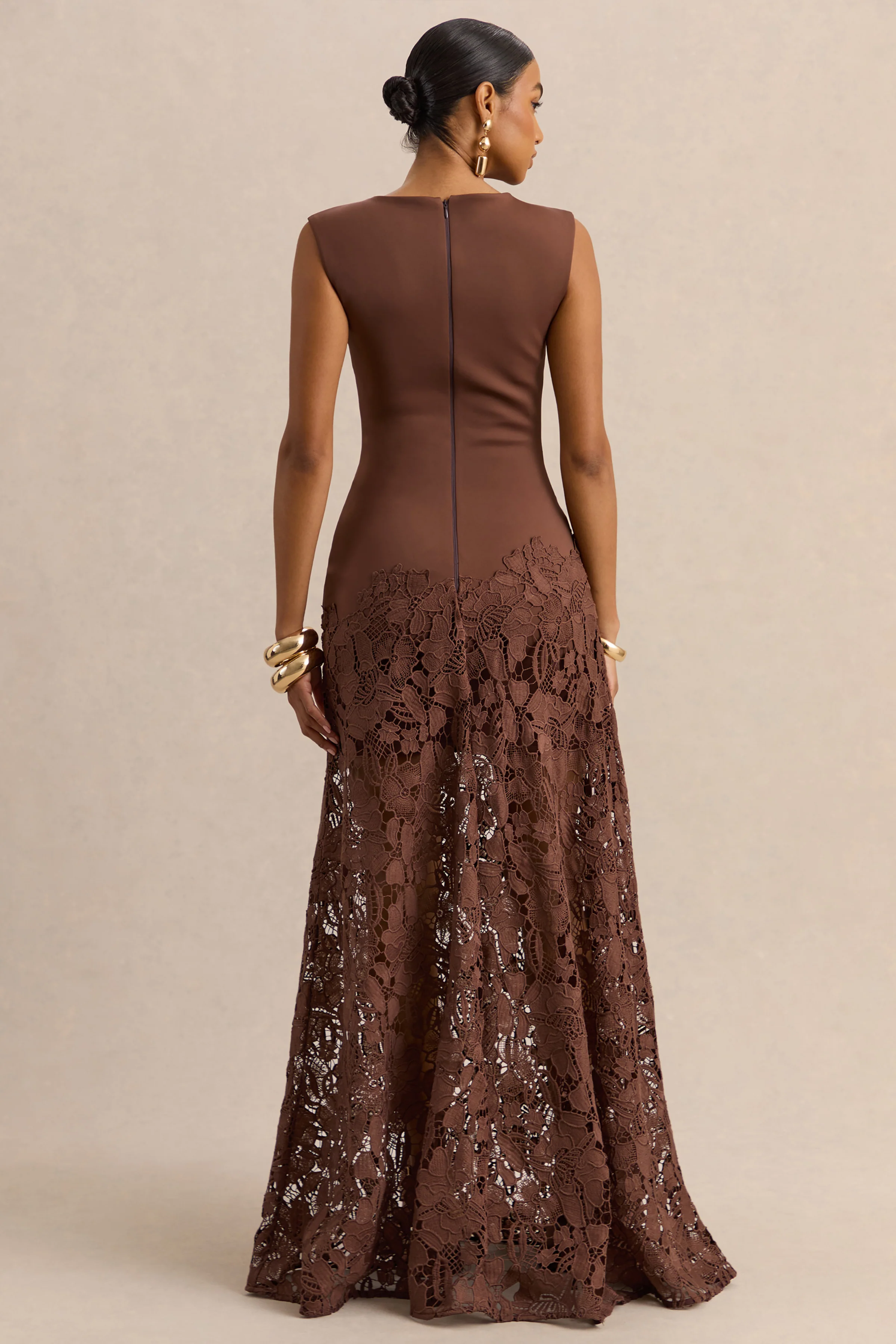 Calune | Brown Lace Wide-Neck Maxi Dress - Image 2