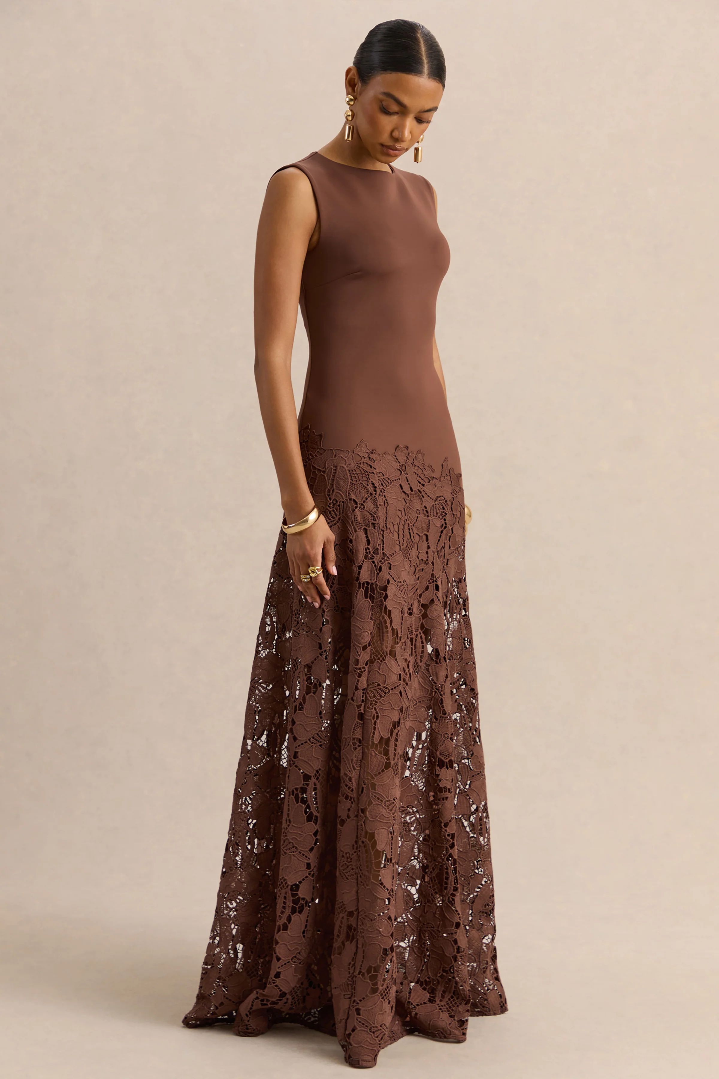 Calune | Brown Lace Wide-Neck Maxi Dress - Image 4