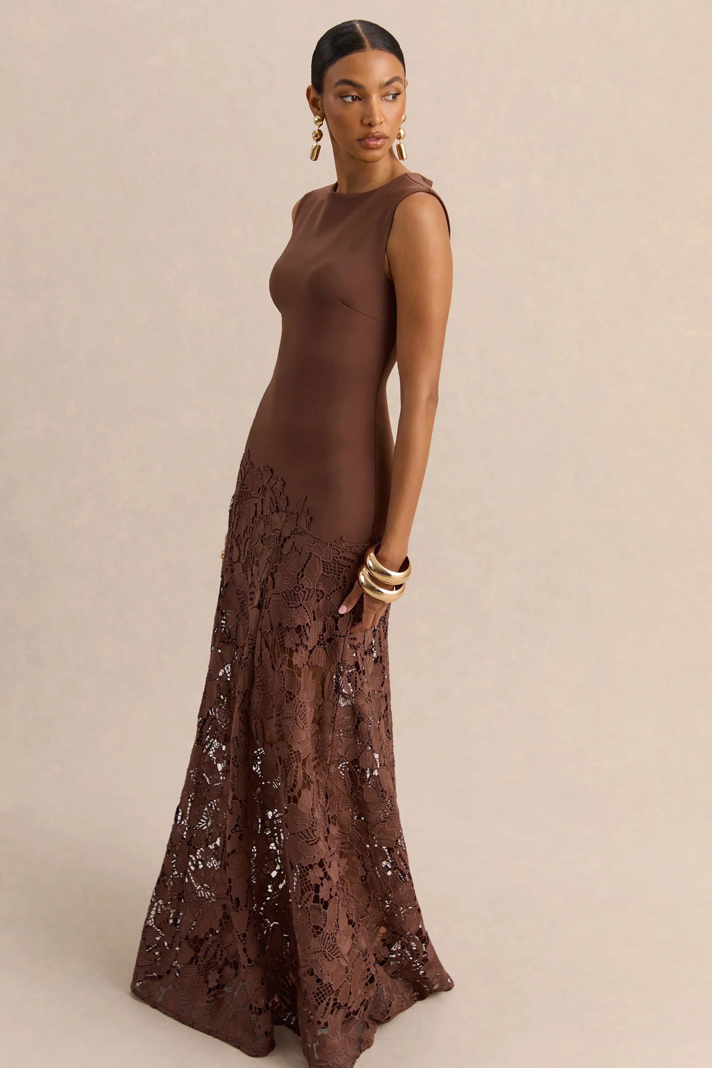 Calune | Brown Lace Wide-Neck Maxi Dress - Image 6