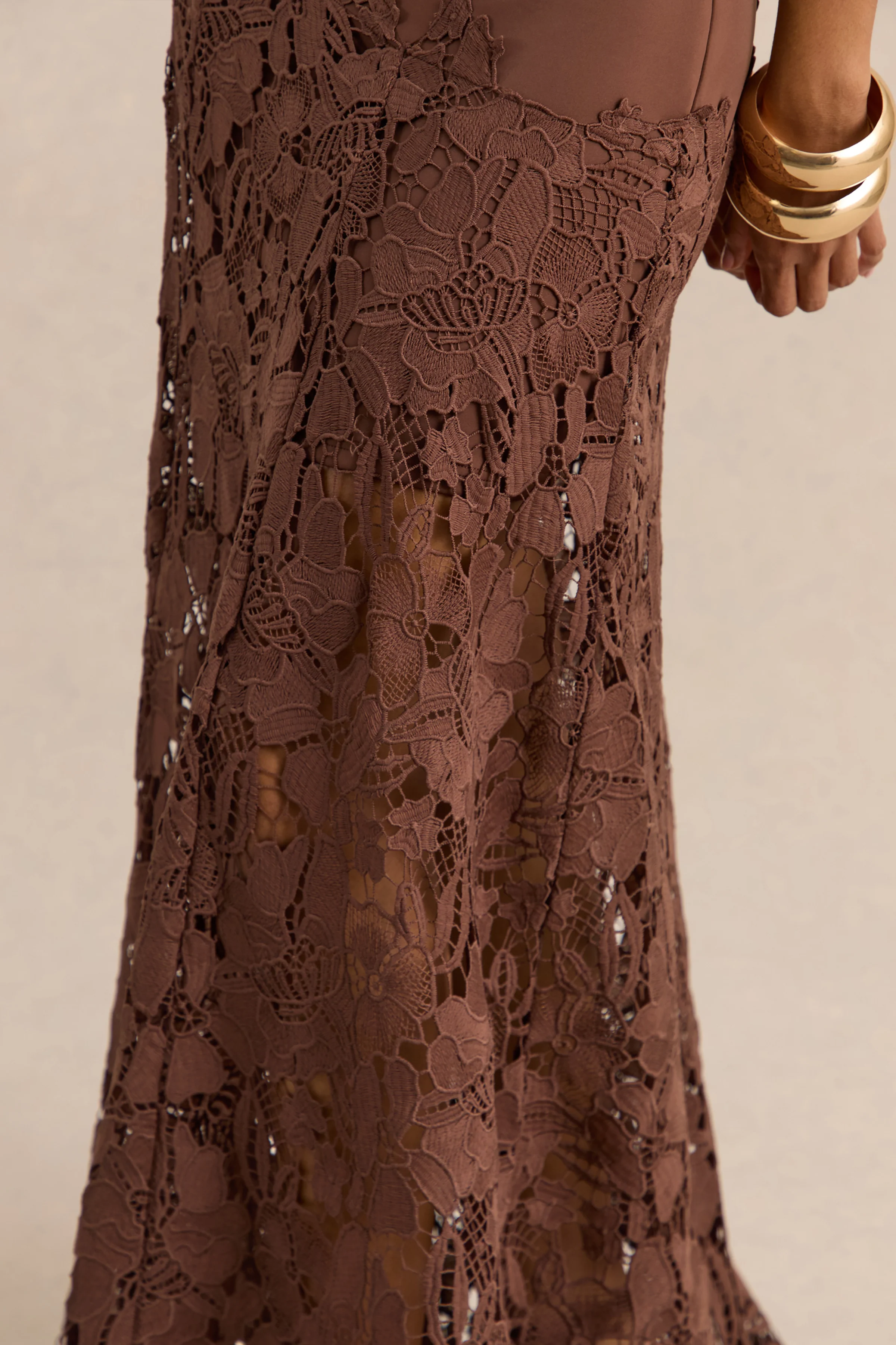 Calune | Brown Lace Wide-Neck Maxi Dress - Image 7