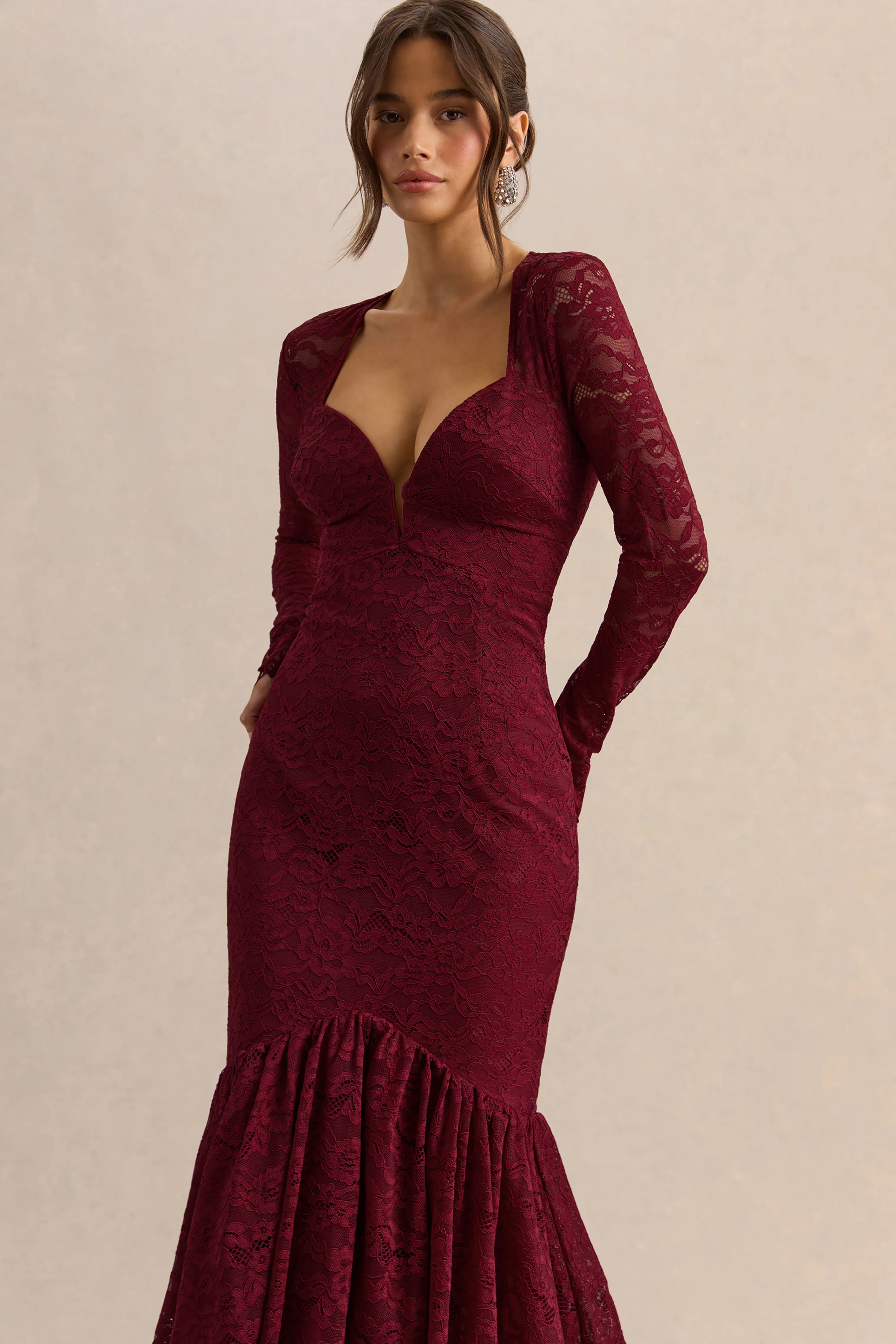 Camilly | Burgundy Lace Plunge-Neck Mermaid Midi Dress - Image 3