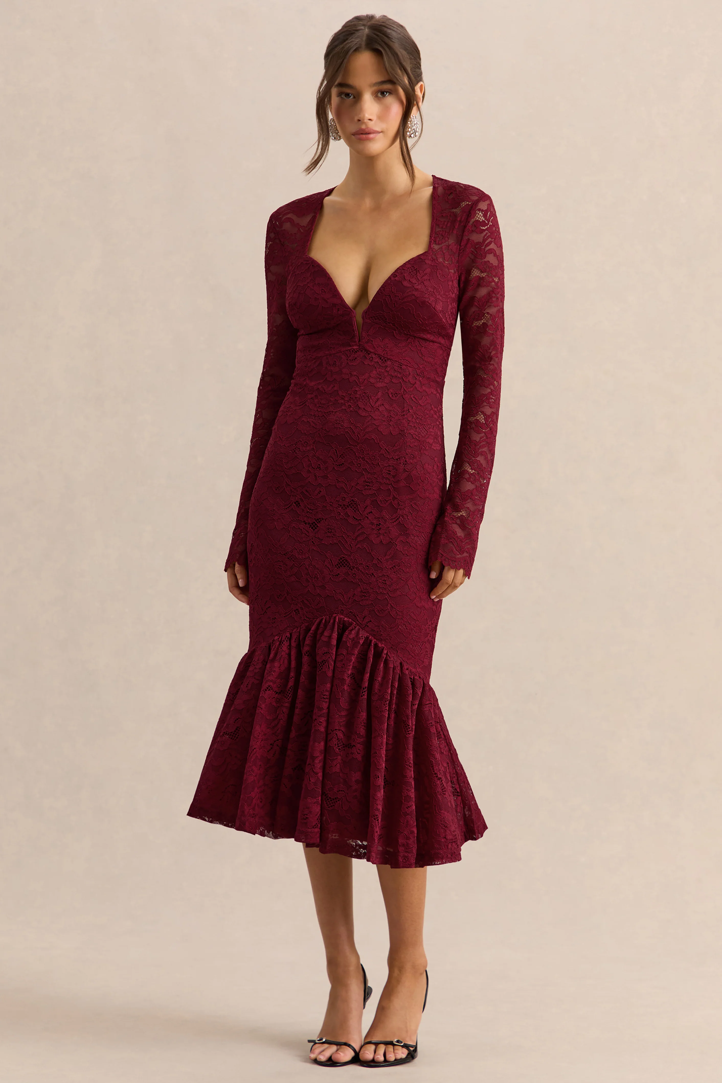 Camilly | Burgundy Lace Plunge-Neck Mermaid Midi Dress - Image 5