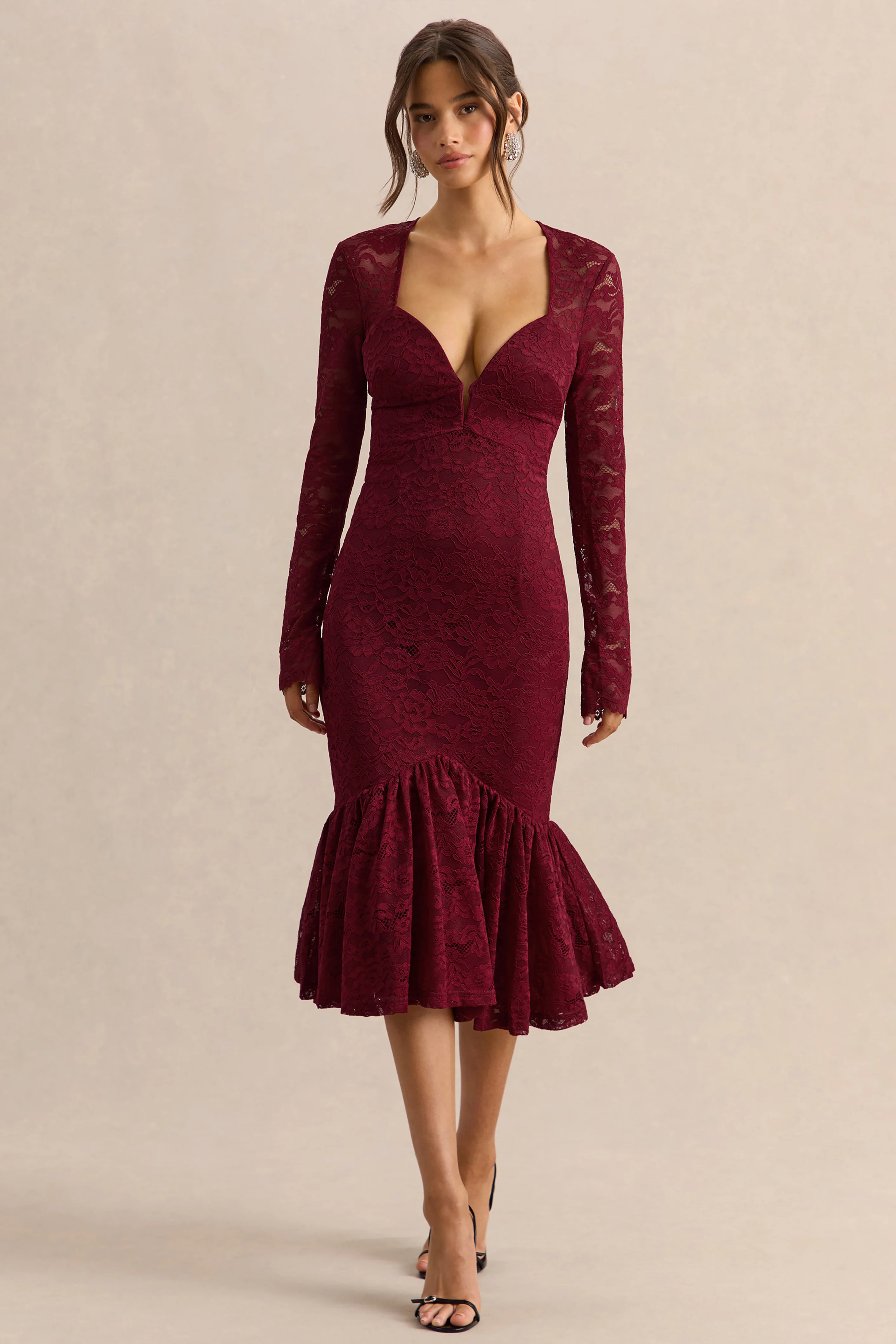 Camilly | Burgundy Lace Plunge-Neck Mermaid Midi Dress - Image 6