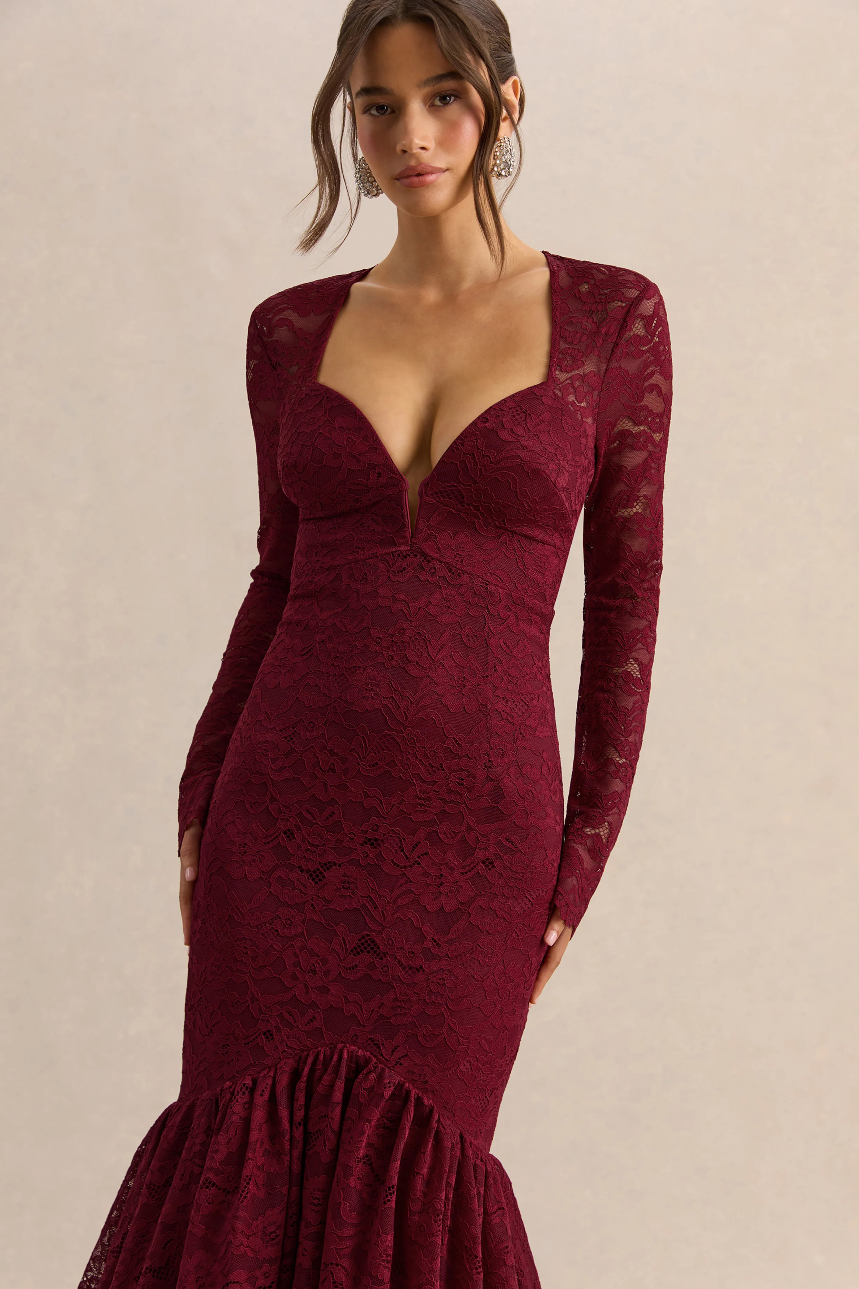 Camilly | Burgundy Lace Plunge-Neck Mermaid Midi Dress - Image 9
