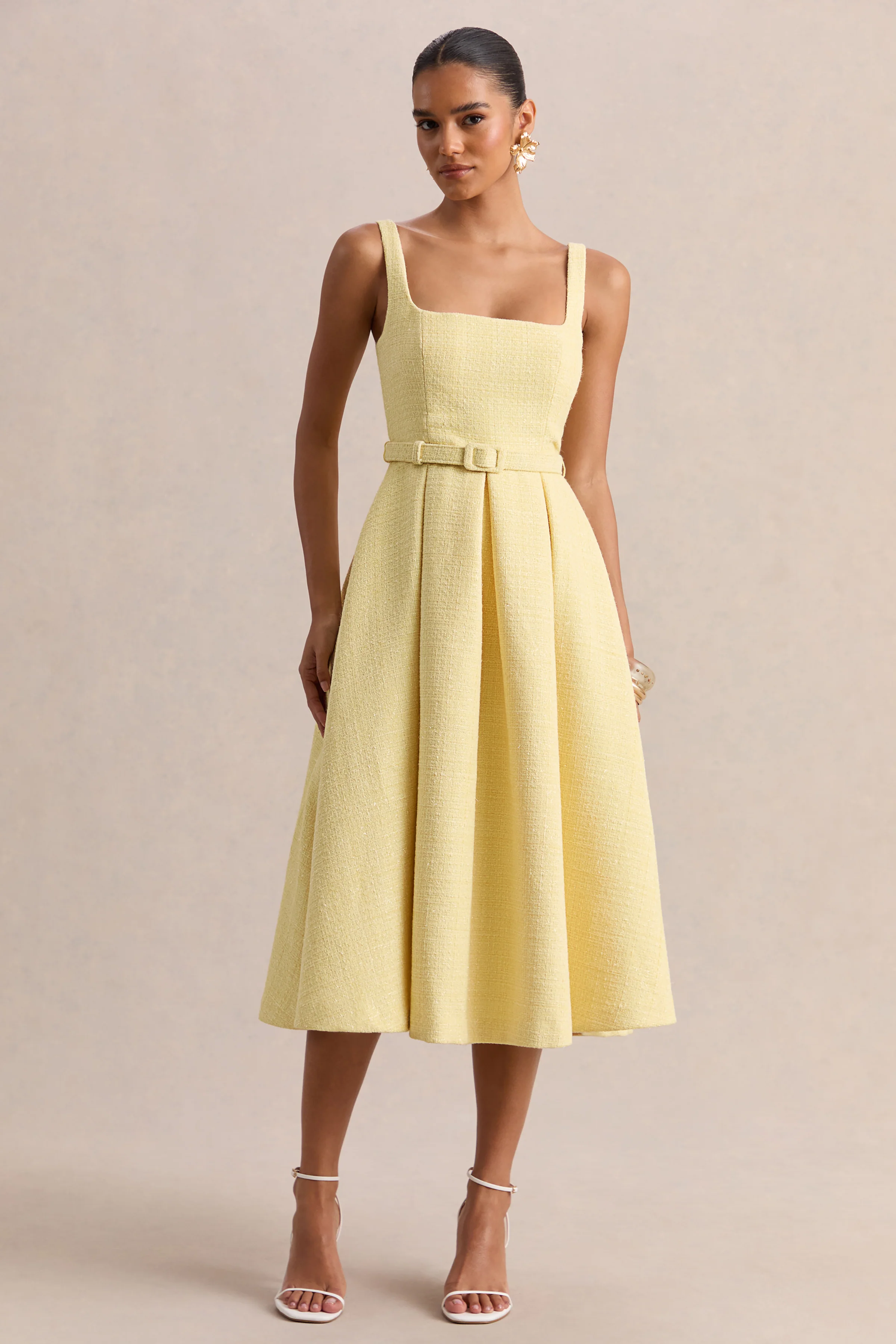 Camoria | Lemon Boucle Square-Neck Midi Dress - Image 4