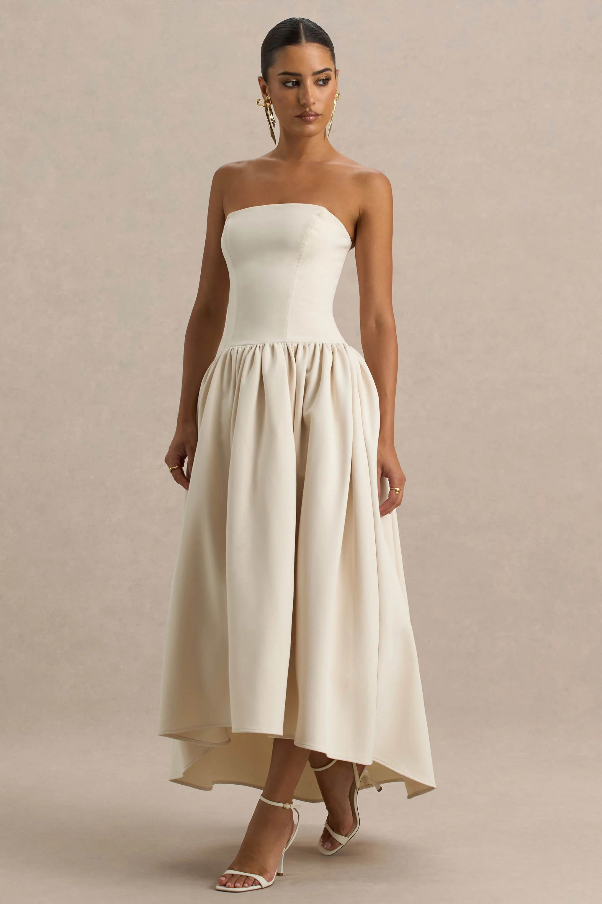 Candice | Cream Bandeau Volume Midi Dress With Back Bow Detail - Image 4