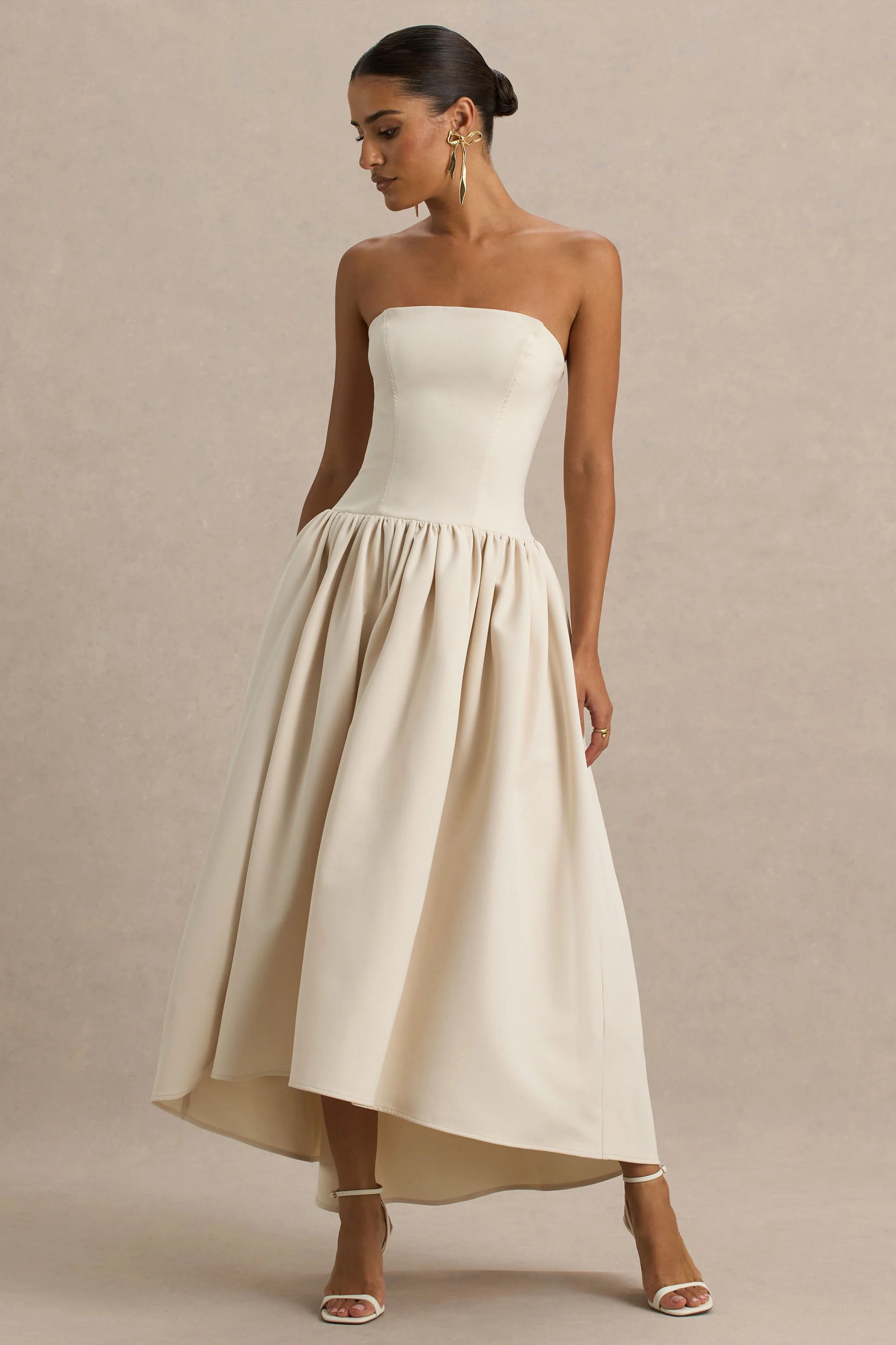Candice | Cream Bandeau Volume Midi Dress With Back Bow Detail - Image 7