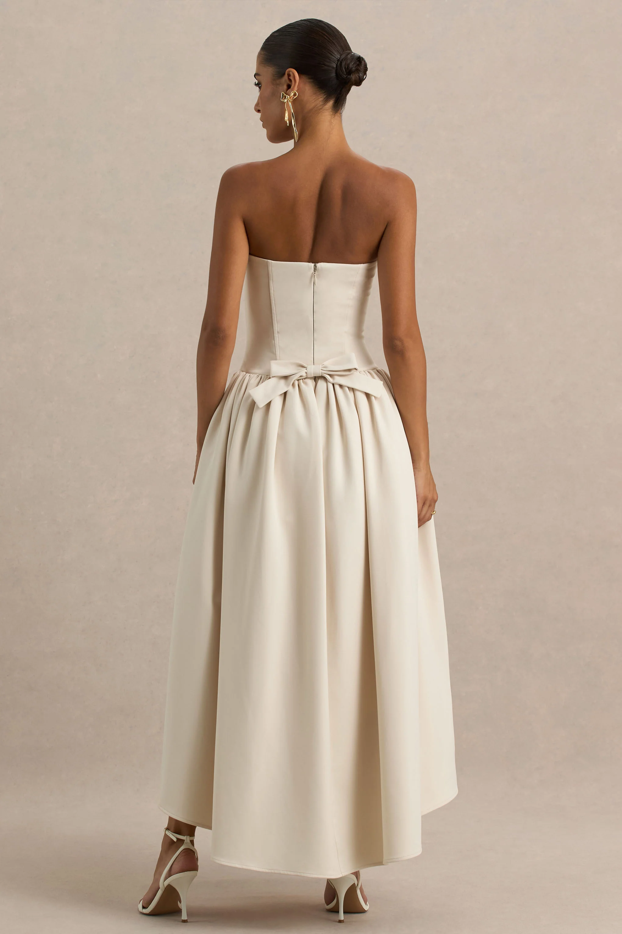 Candice | Cream Bandeau Volume Midi Dress With Back Bow Detail - Image 8