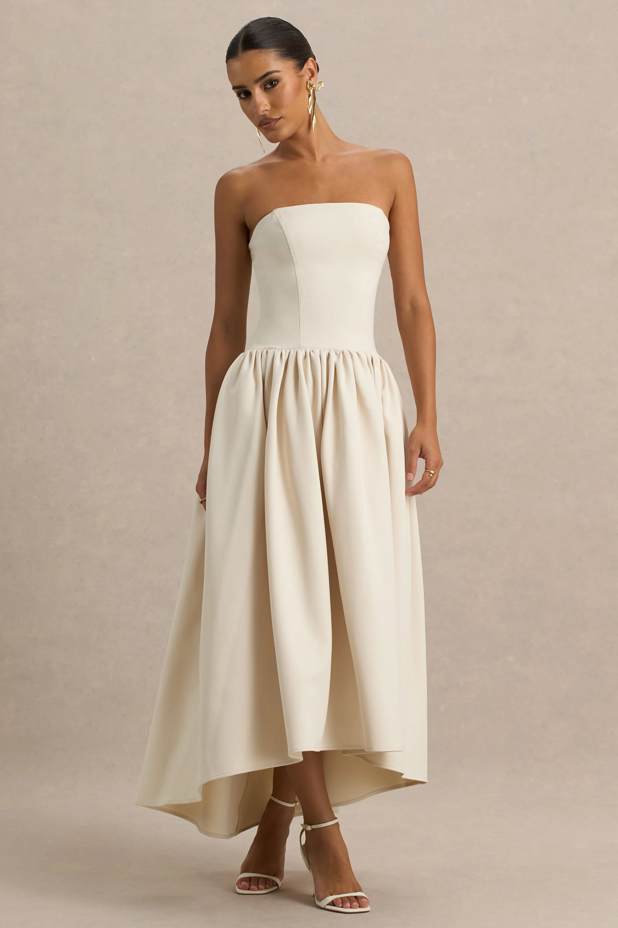 Candice | Cream Bandeau Volume Midi Dress With Back Bow Detail - Image 9