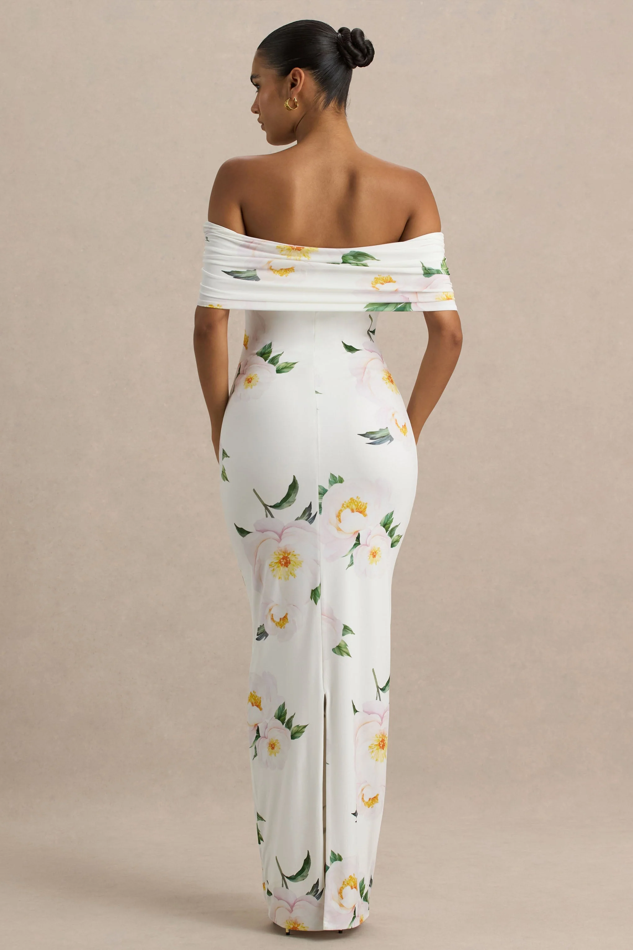 Capri | White Rose Print Bardot-Neck Maxi Dress With Ruched Detailing - Image 2