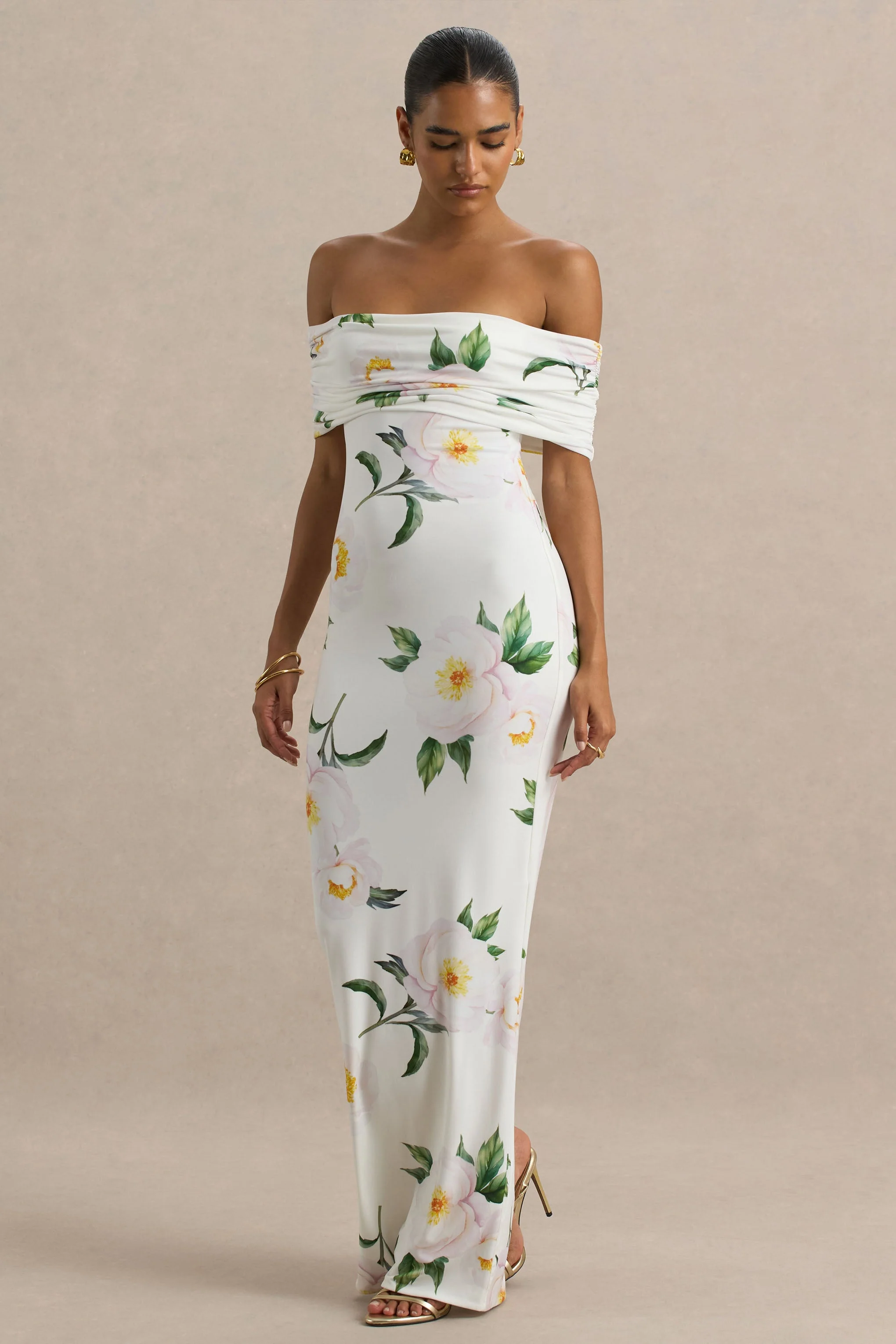Capri | White Rose Print Bardot-Neck Maxi Dress With Ruched Detailing - Image 3