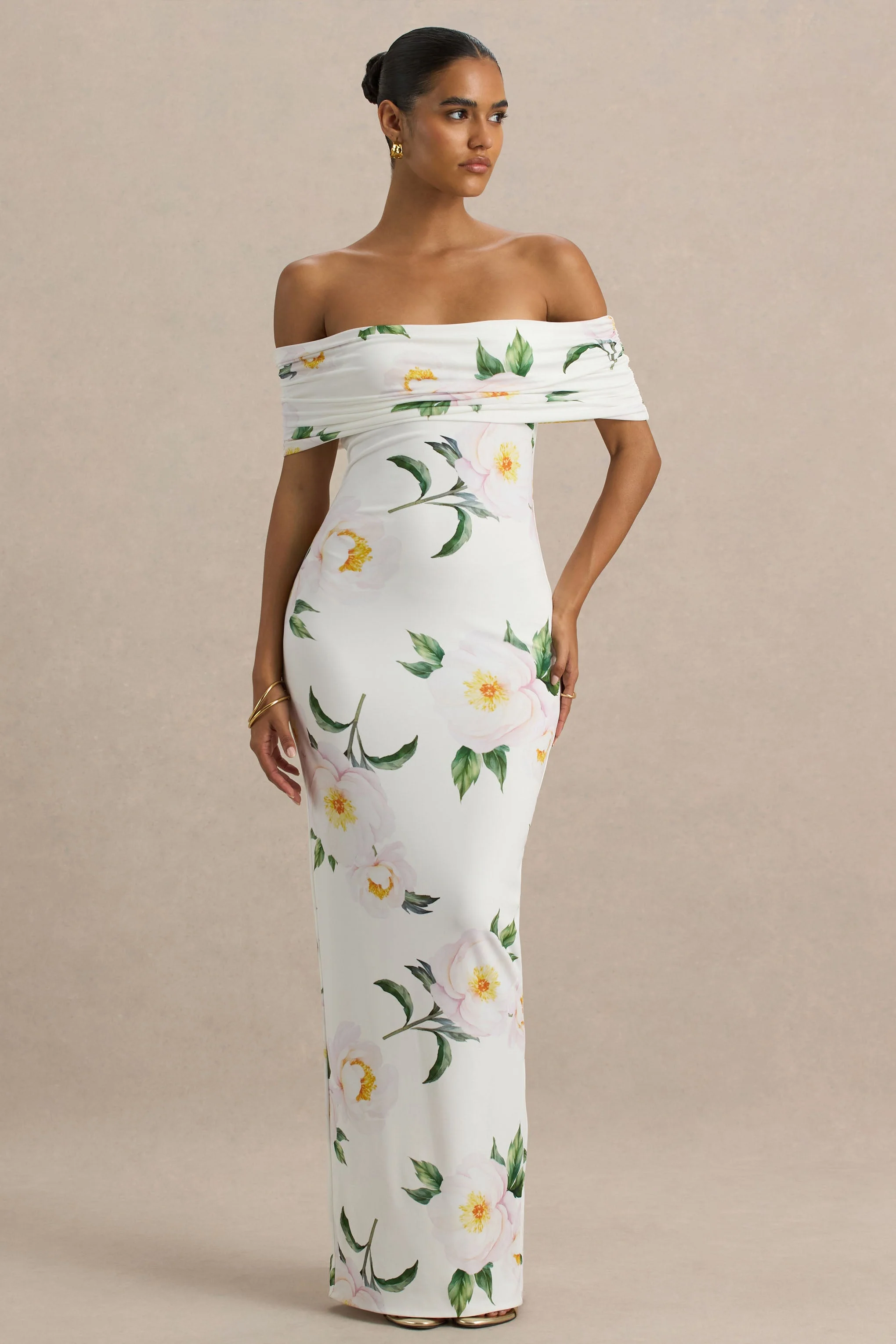 Capri | White Rose Print Bardot-Neck Maxi Dress With Ruched Detailing - Image 4