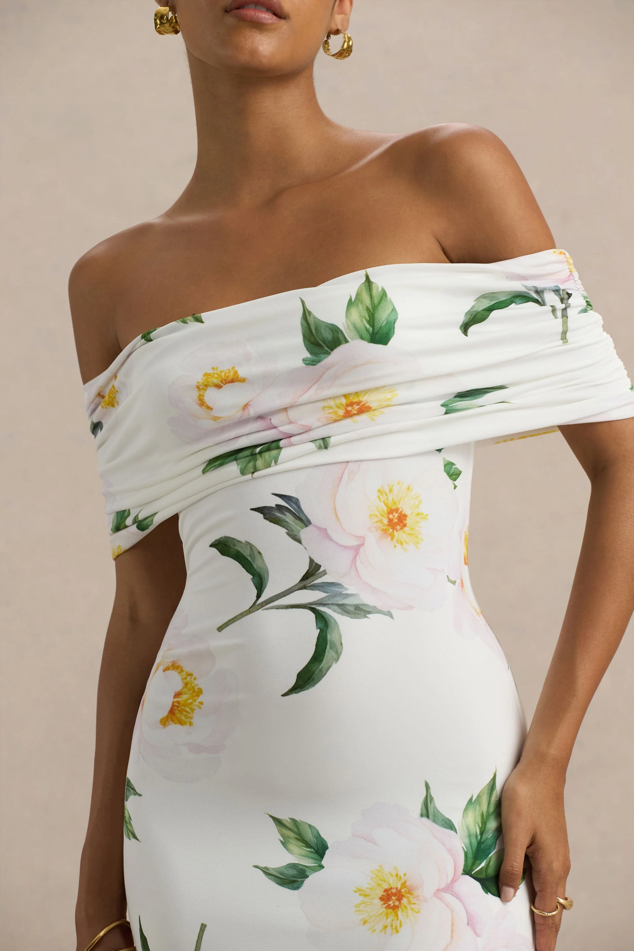 Capri | White Rose Print Bardot-Neck Maxi Dress With Ruched Detailing - Image 6