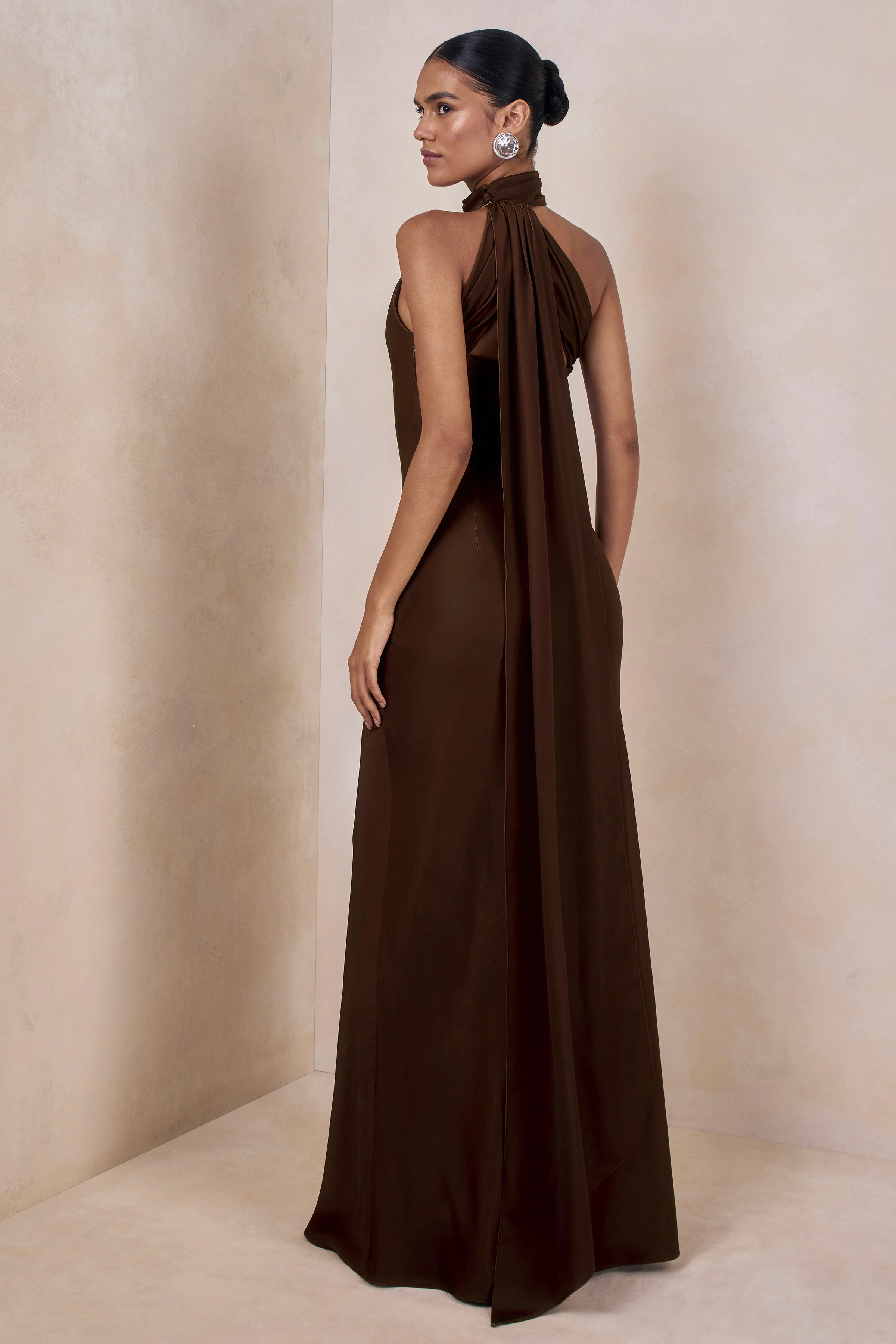 Cara | Brown Matte Satin High-Neck Maxi Dress - Image 3