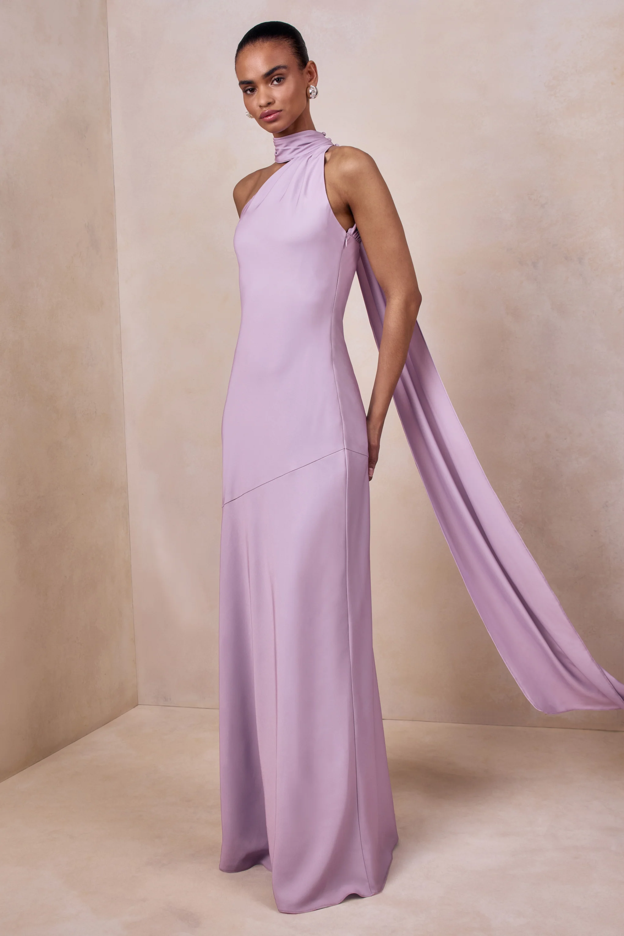 Cara | Lilac Matte Satin High-Neck Maxi Dress - Image 4