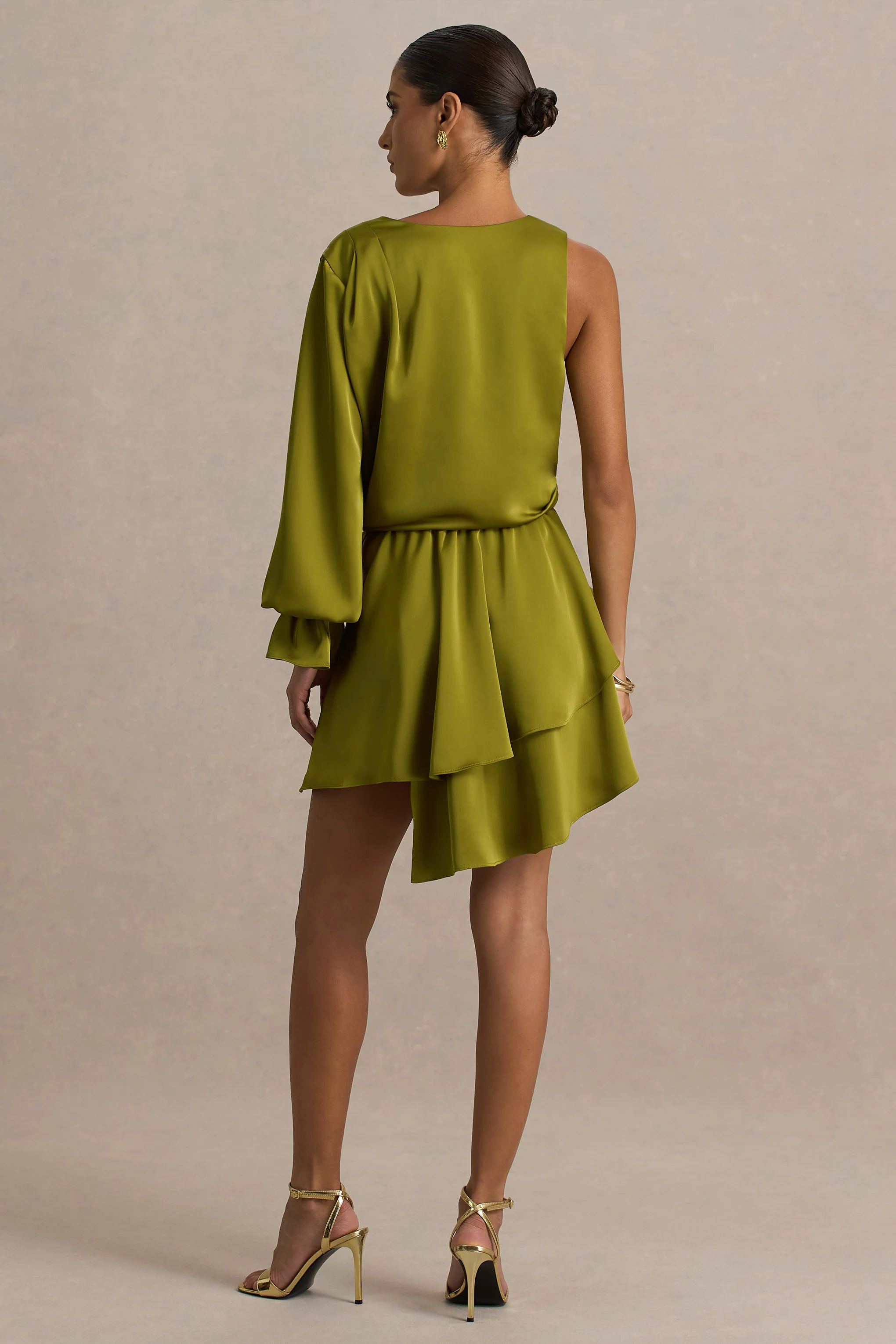 Cara | Olive Satin Plunge-Neck Micro-Mini Dress With Long Sleeve - Image 2