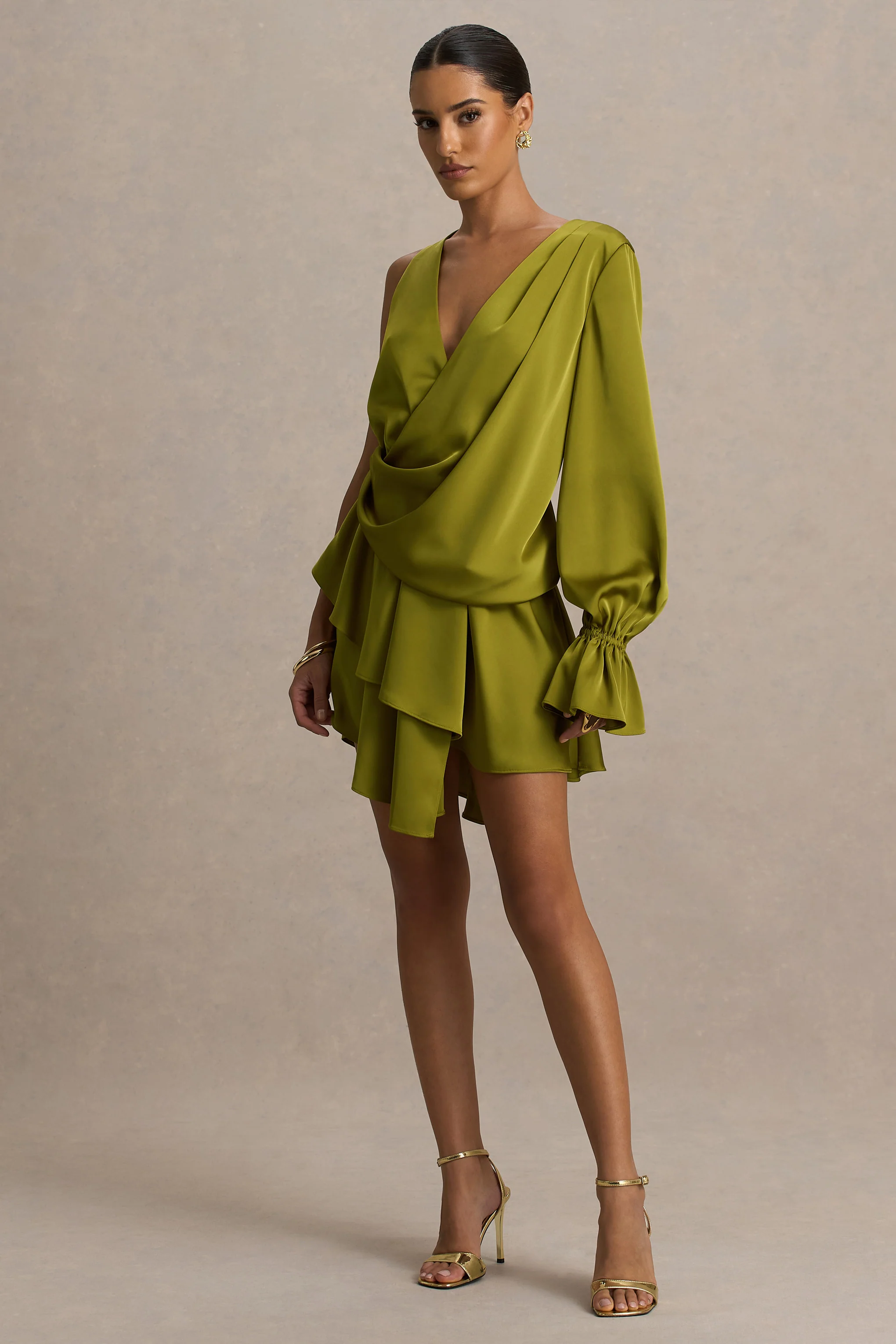 Cara | Olive Satin Plunge-Neck Micro-Mini Dress With Long Sleeve - Image 3