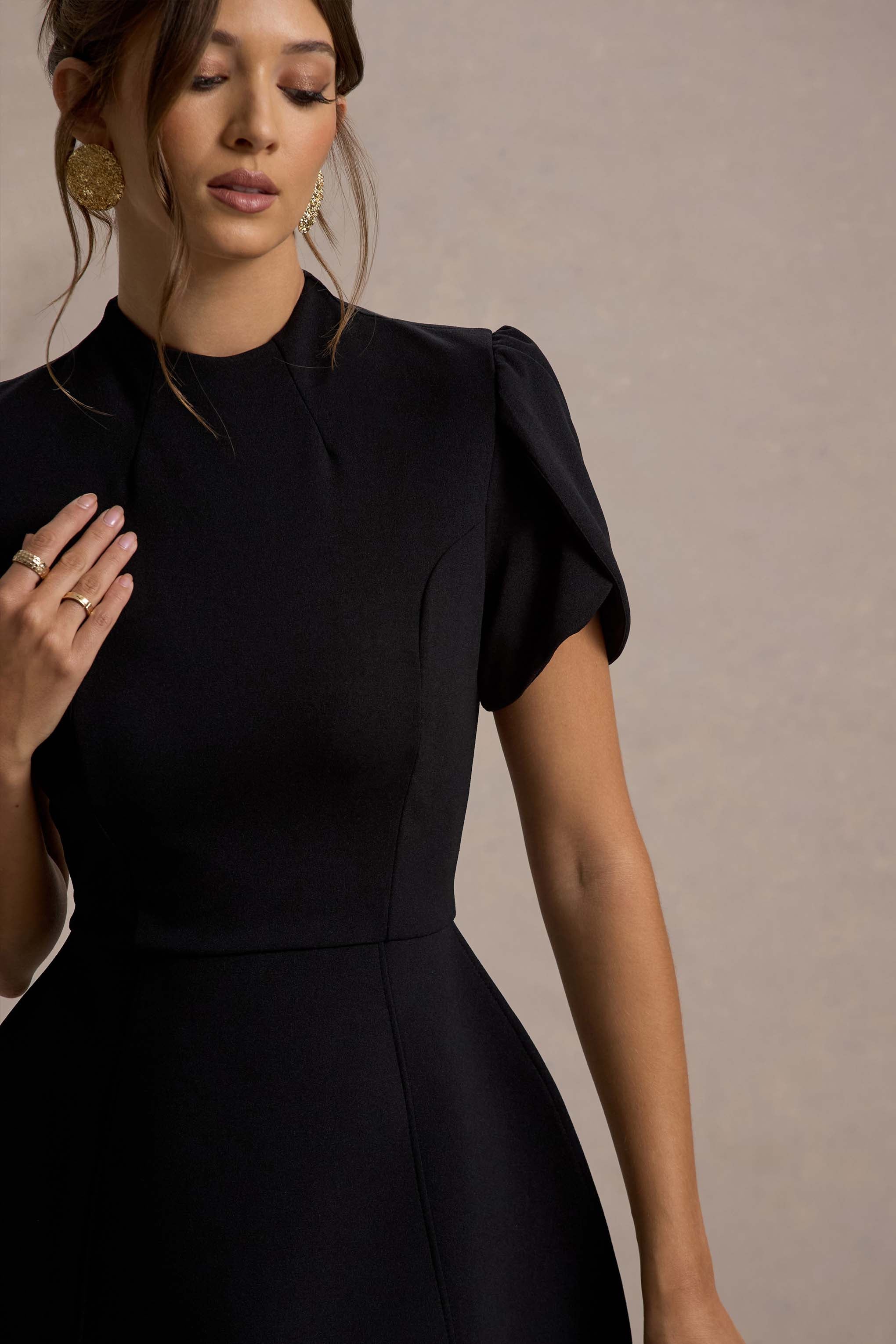 Carabella | Black High-Neck Short-Sleeve Mini Dress - Image 7