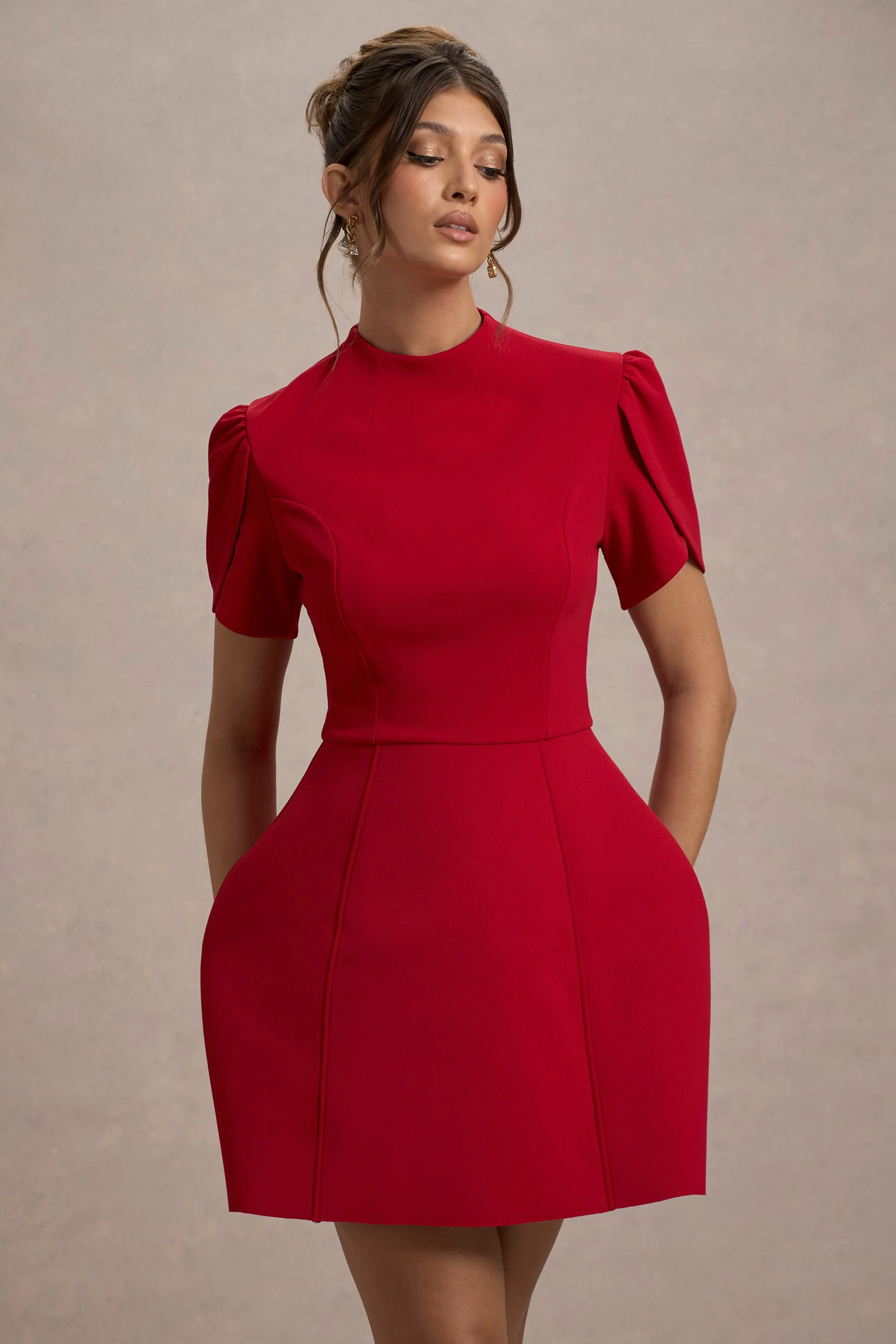 Carabella | Red High-Neck Short-Sleeve Mini Dress - Image 3