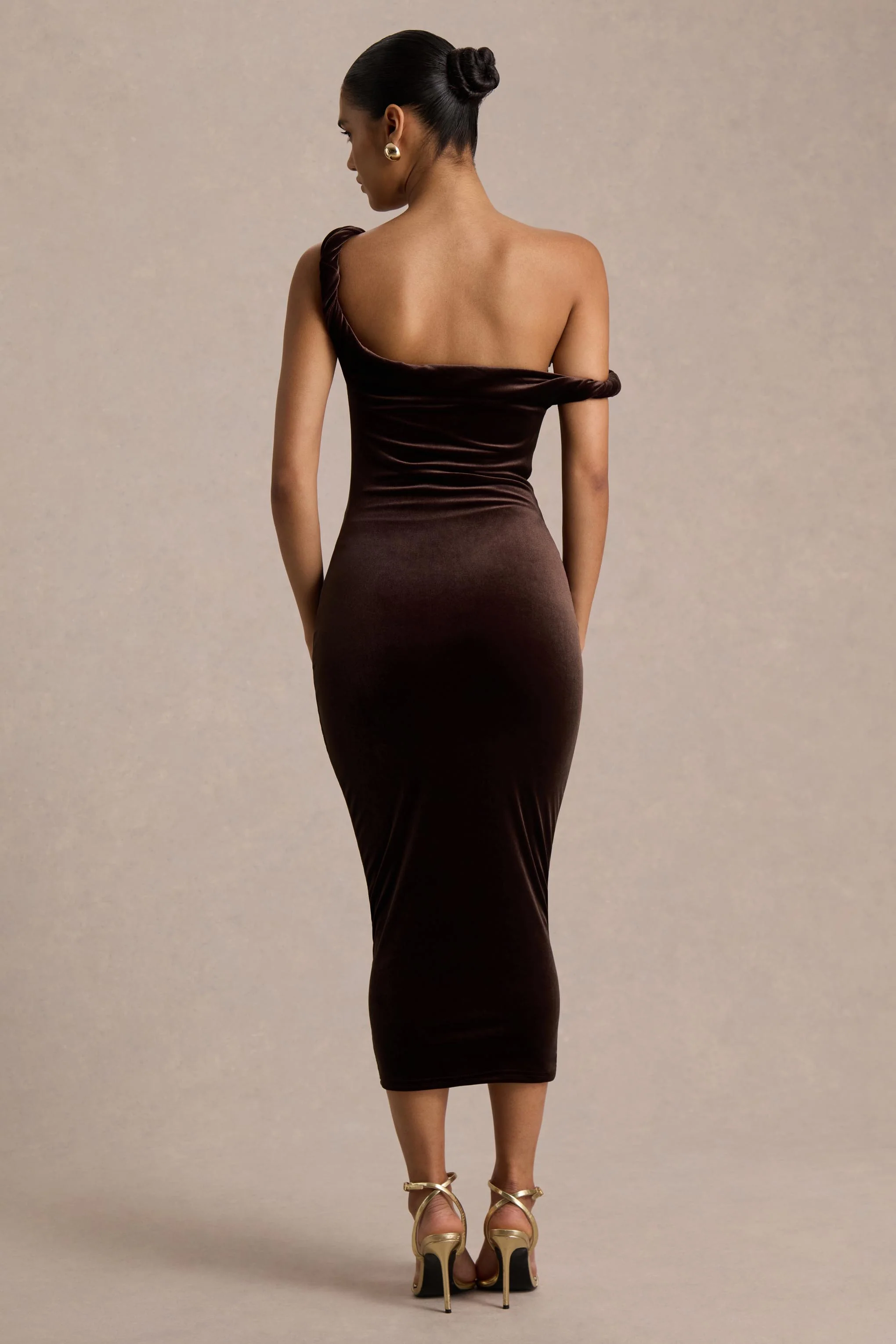 Carella | Brown Velvet Twisted Asymmetric Midi Dress - Image 2