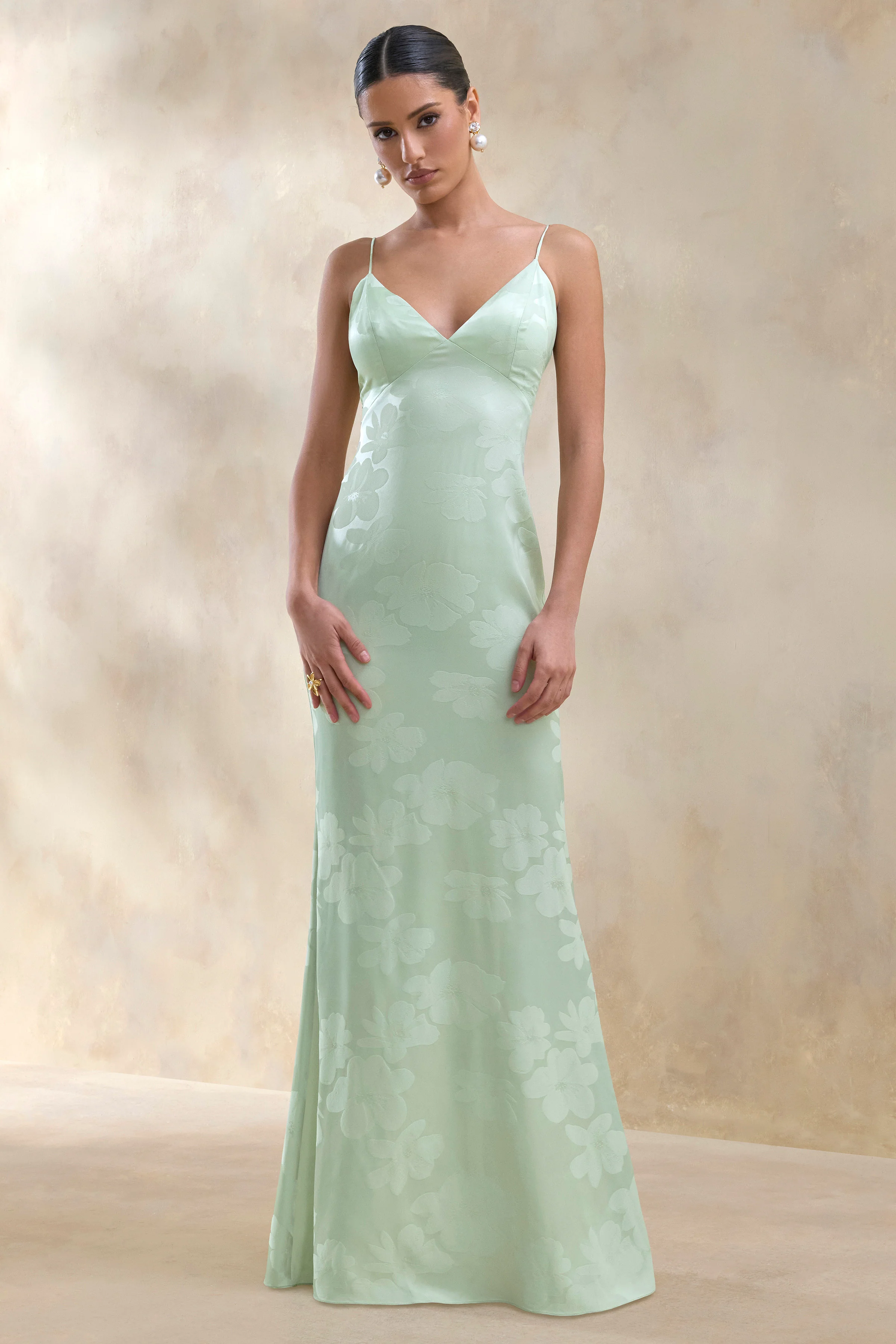 Carelle | Green Satin Plunge-Neck Maxi Dress With Asymmetric Drop-Waist - Image 4