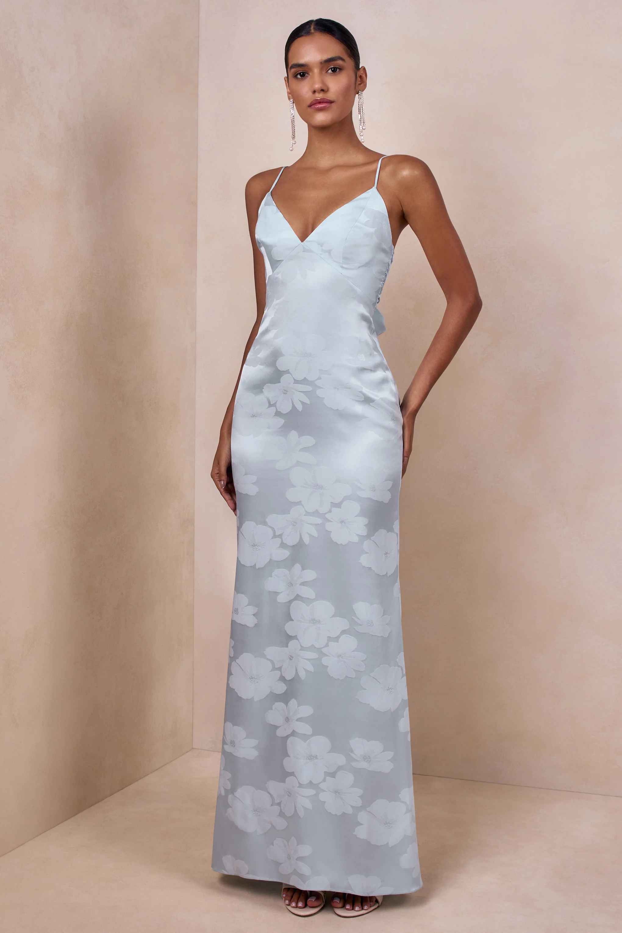 Carelle | Powder Blue Satin Plunge-Neck Maxi Dress With Asymmetric Drop-Waist - Image 5