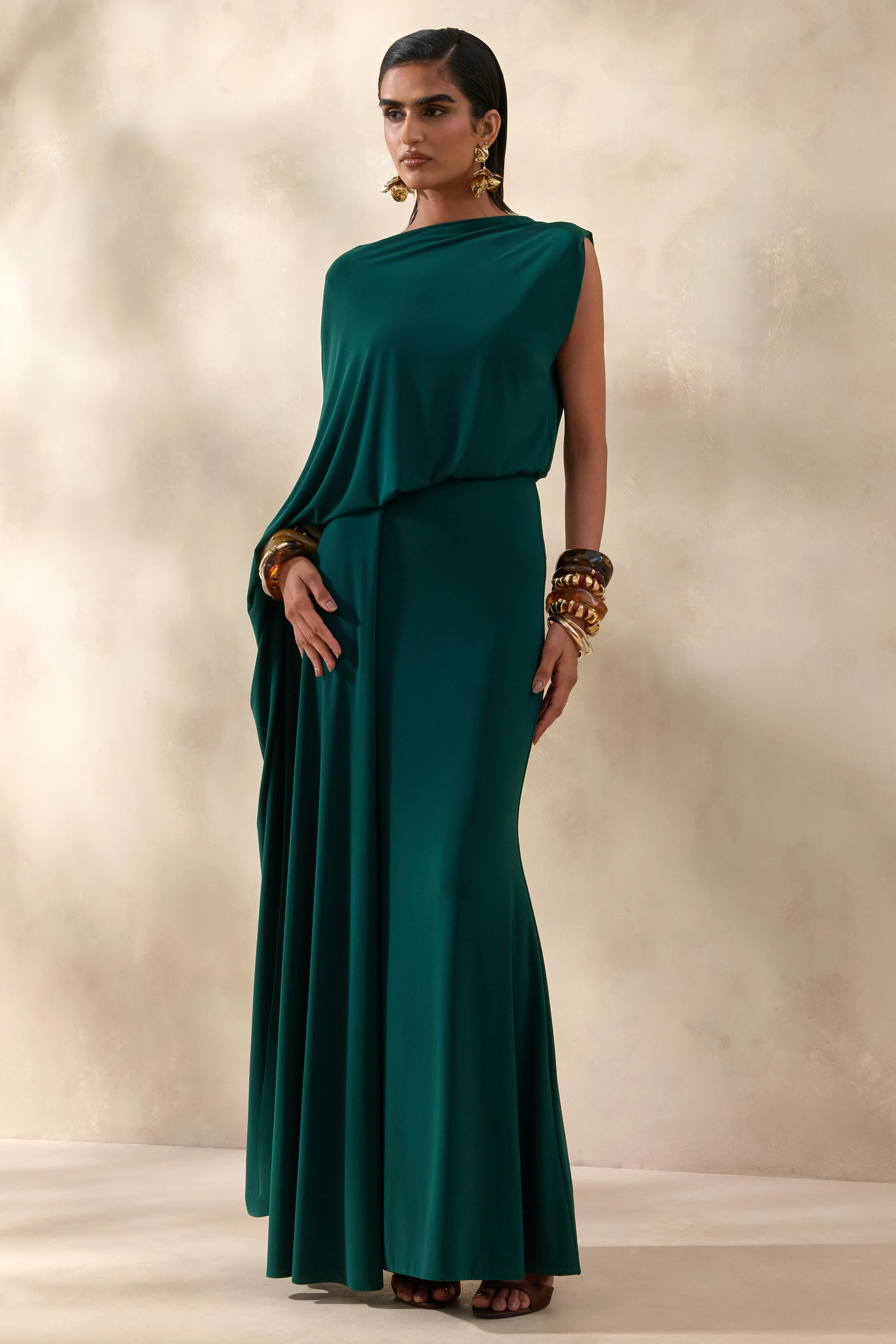 Carenza | Dark Green Wide-Neck Maxi Dress With Cape-Sleeve - Image 6