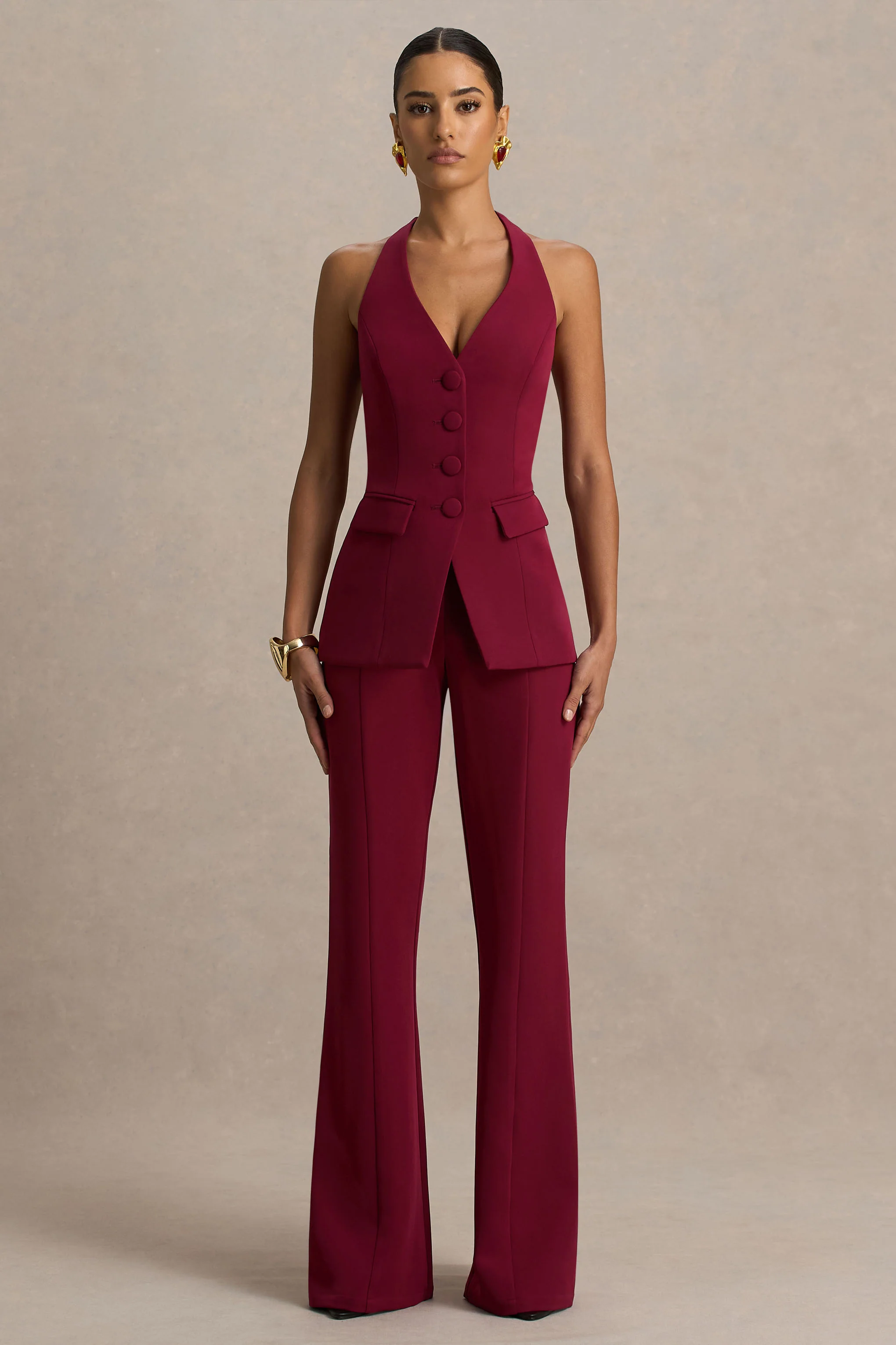 Carina | Burgundy Flared-Leg Tailored Trousers - Image 5