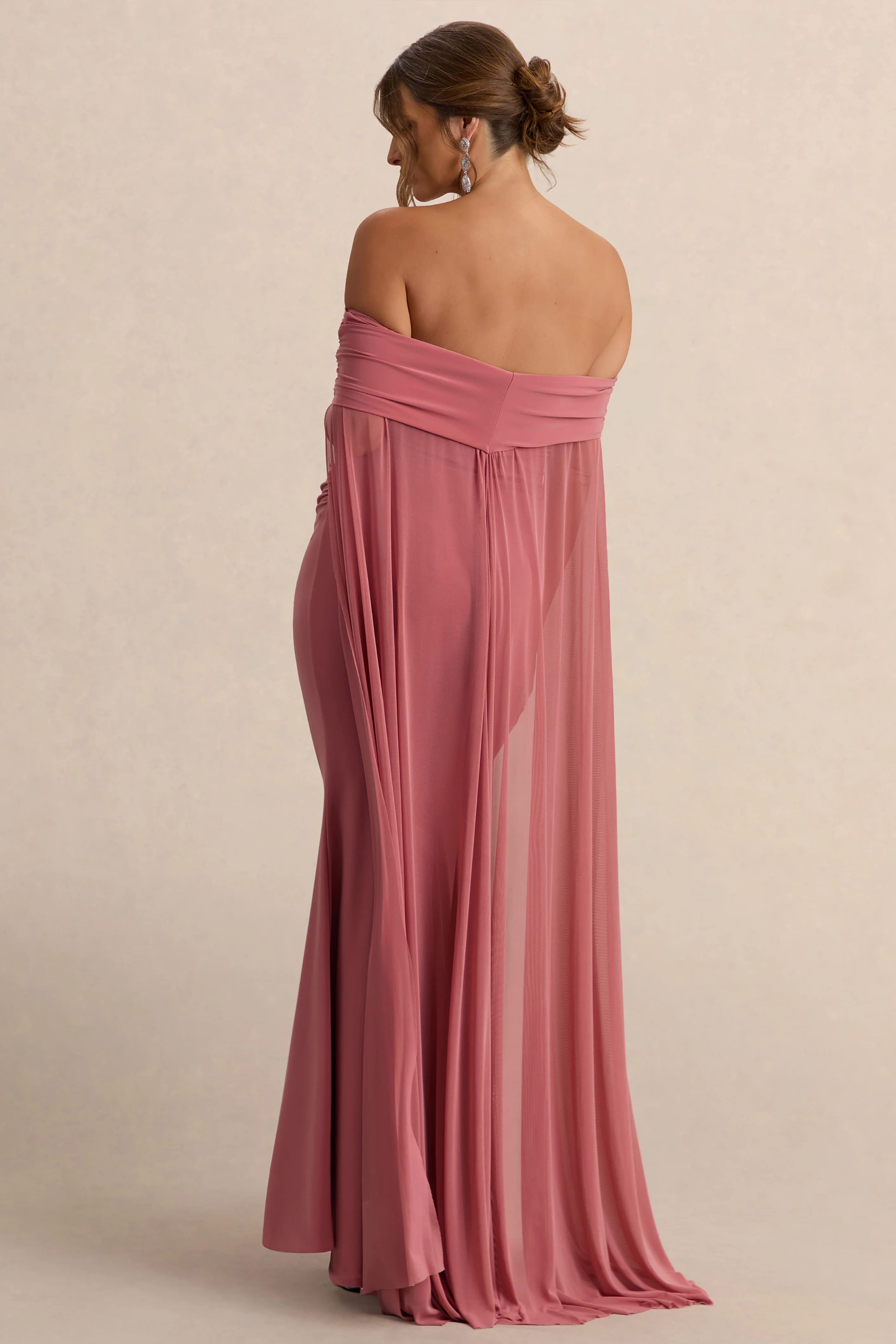 Carlotta | Blush Pink Bardot Maternity Maxi Dress With Chiffon Cape - Image 2