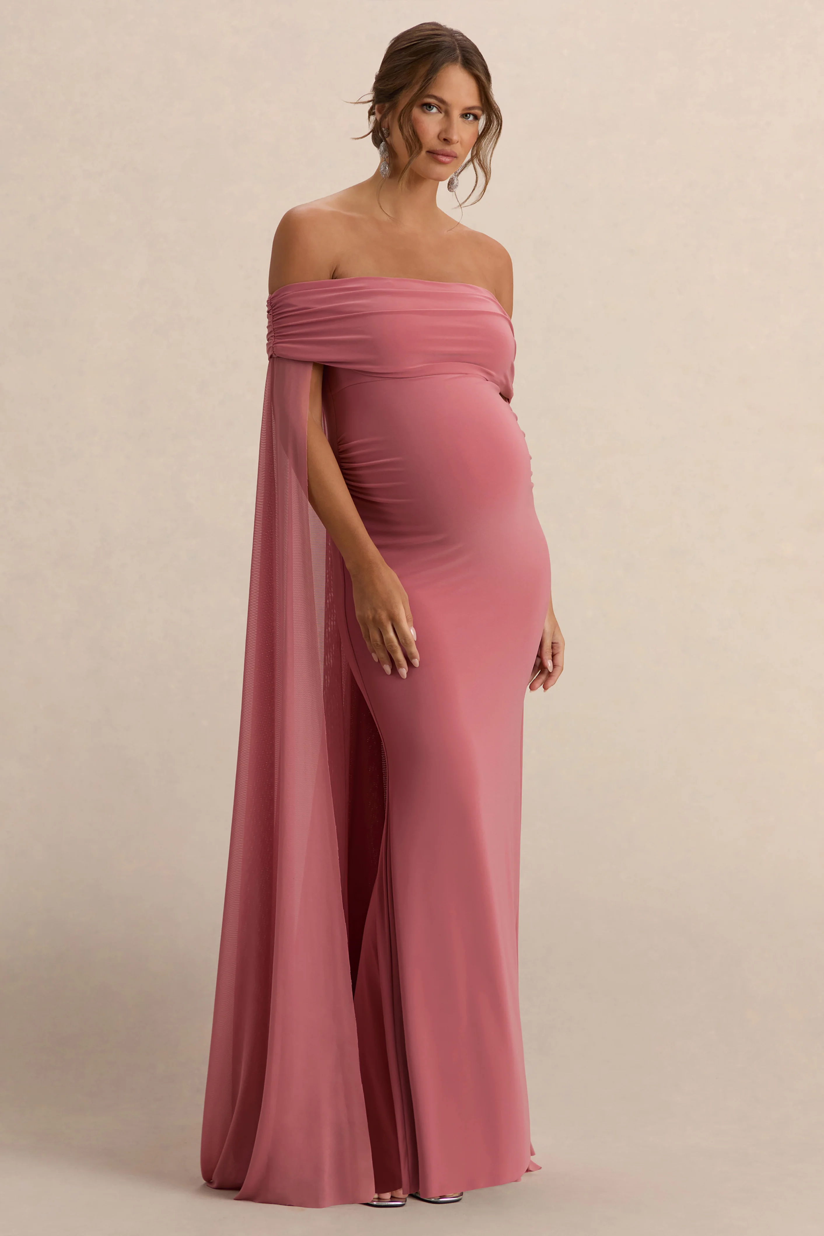 Carlotta | Blush Pink Bardot Maternity Maxi Dress With Chiffon Cape - Image 5