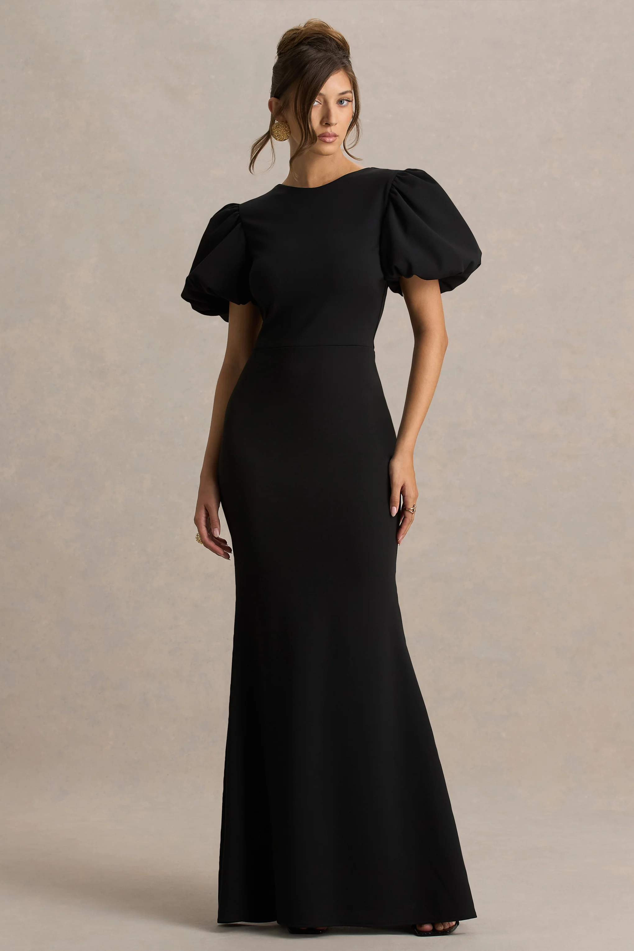 Carolina | Black Puff-Sleeve Maxi Dress With White Bow Detail - Image 3