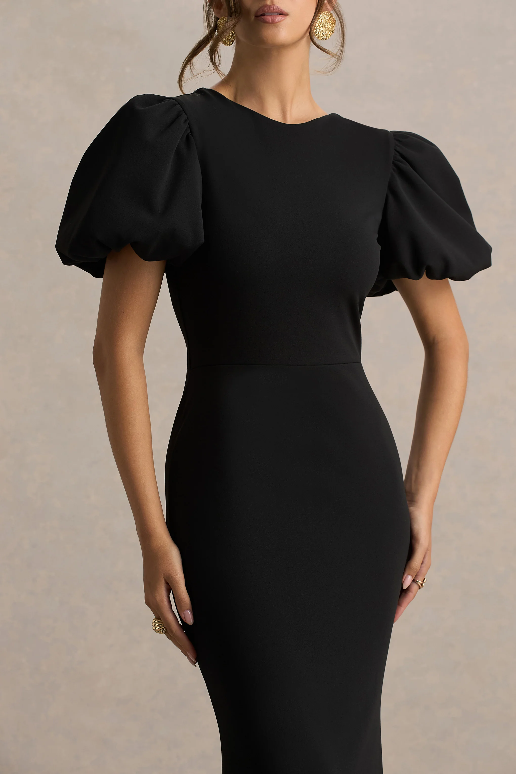 Carolina | Black Puff-Sleeve Maxi Dress With White Bow Detail - Image 5