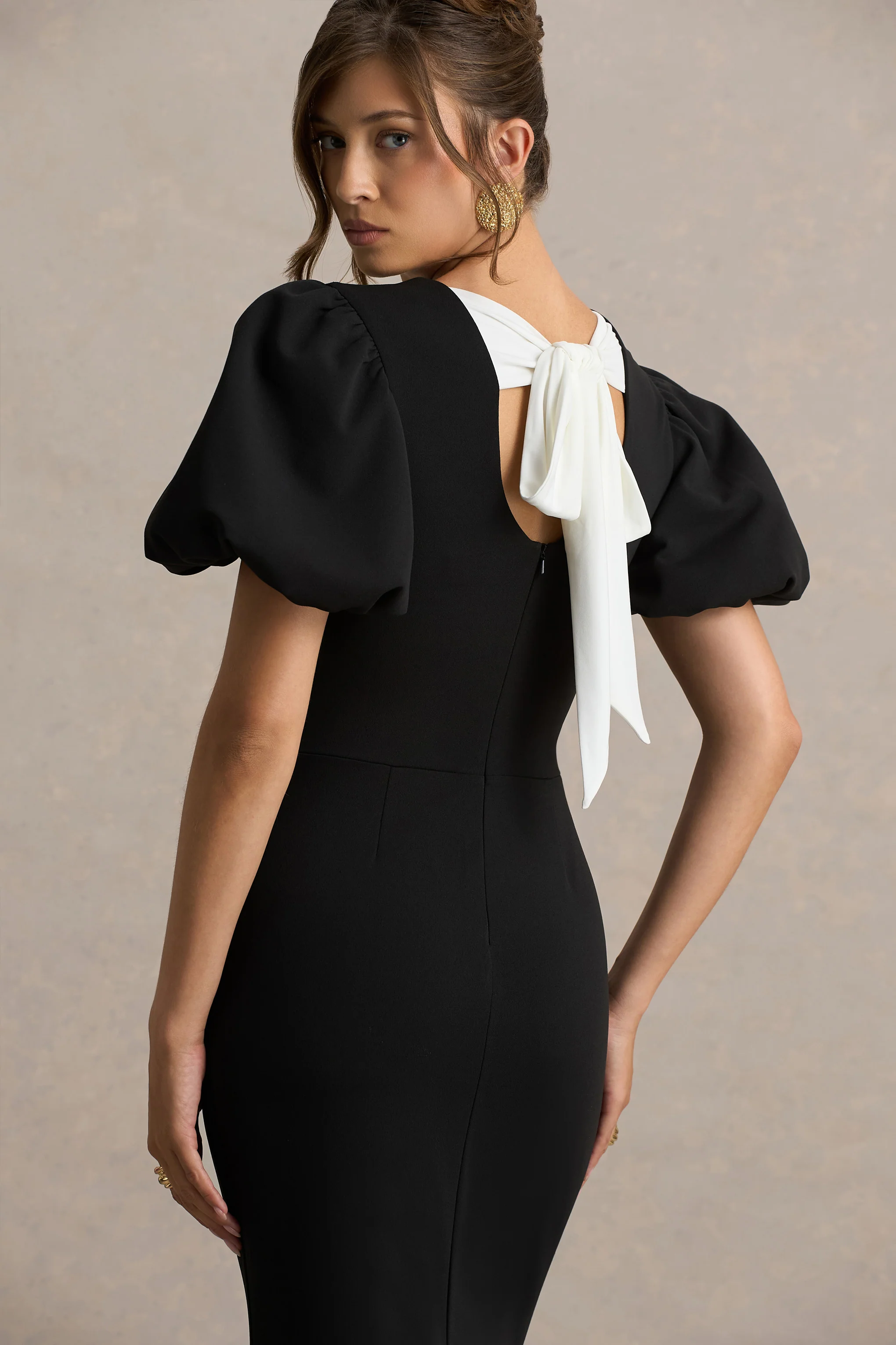 Carolina | Black Puff-Sleeve Maxi Dress With White Bow Detail - Image 6