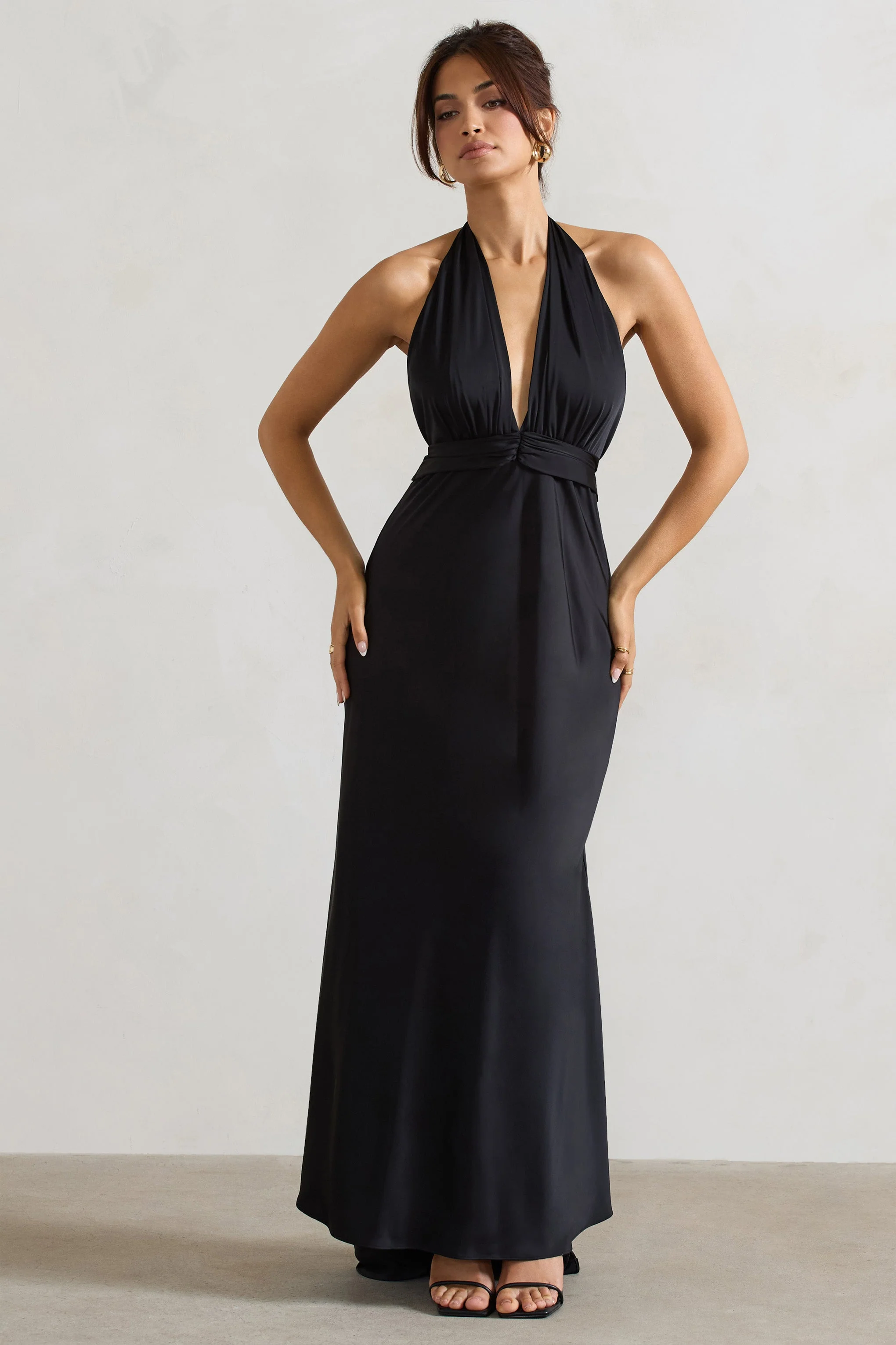 Carolyn | Black Satin Plunge Maxi Dress With Dipped Hem - Image 4