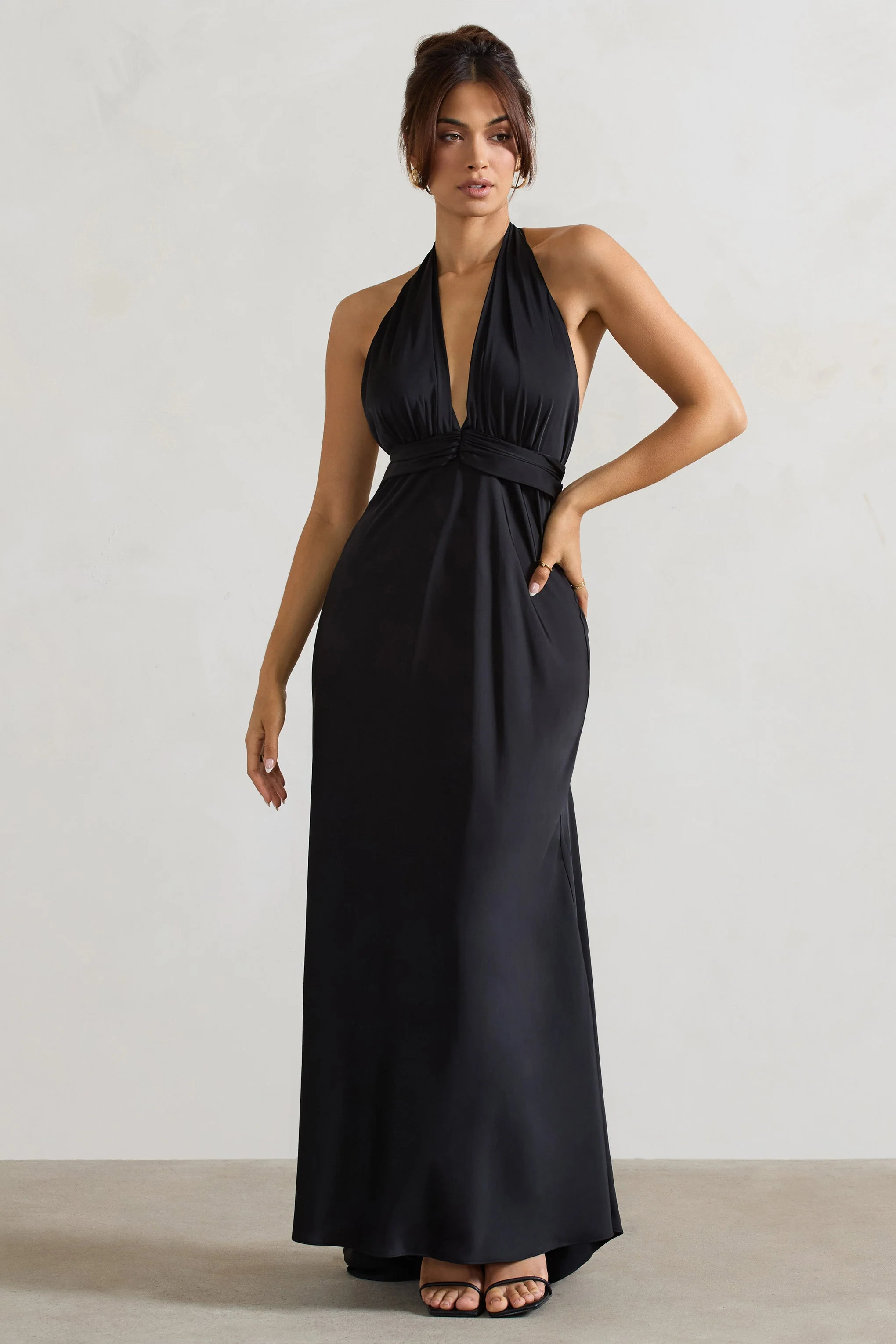 Carolyn | Black Satin Plunge Maxi Dress With Dipped Hem - Image 5