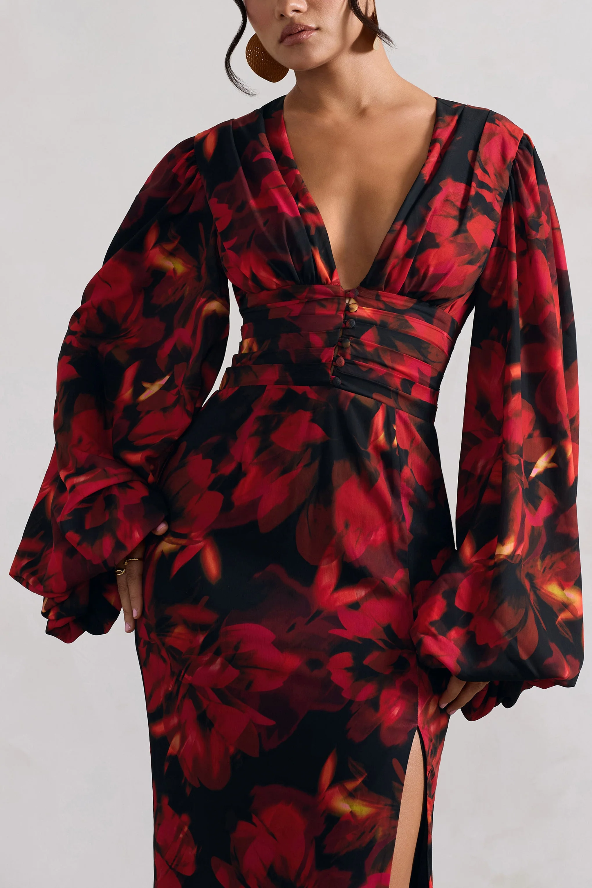 Casarile | Red Floral Print V-Neck Balloon Sleeve Maxi Dress - Image 3