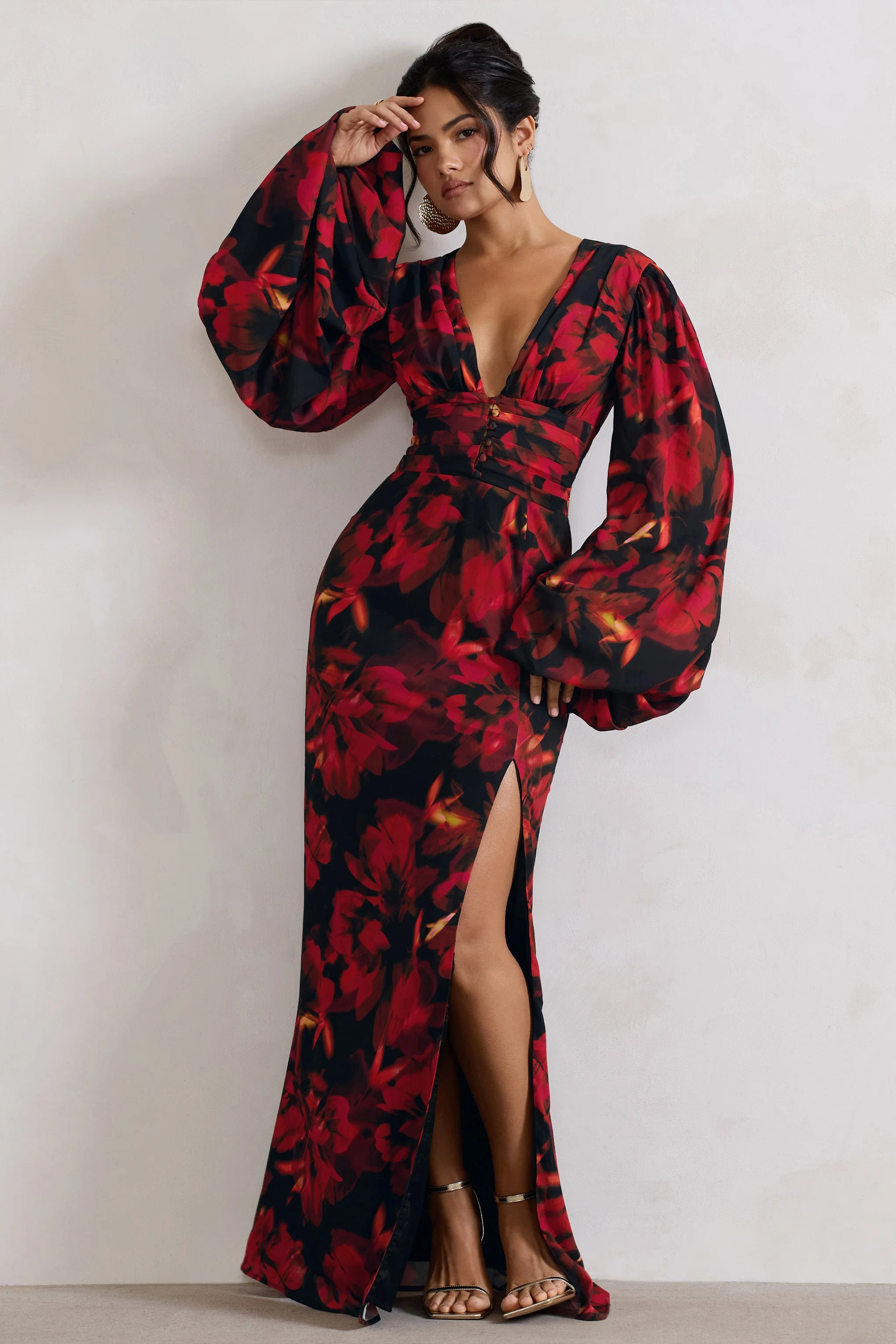 Casarile | Red Floral Print V-Neck Balloon Sleeve Maxi Dress - Image 4