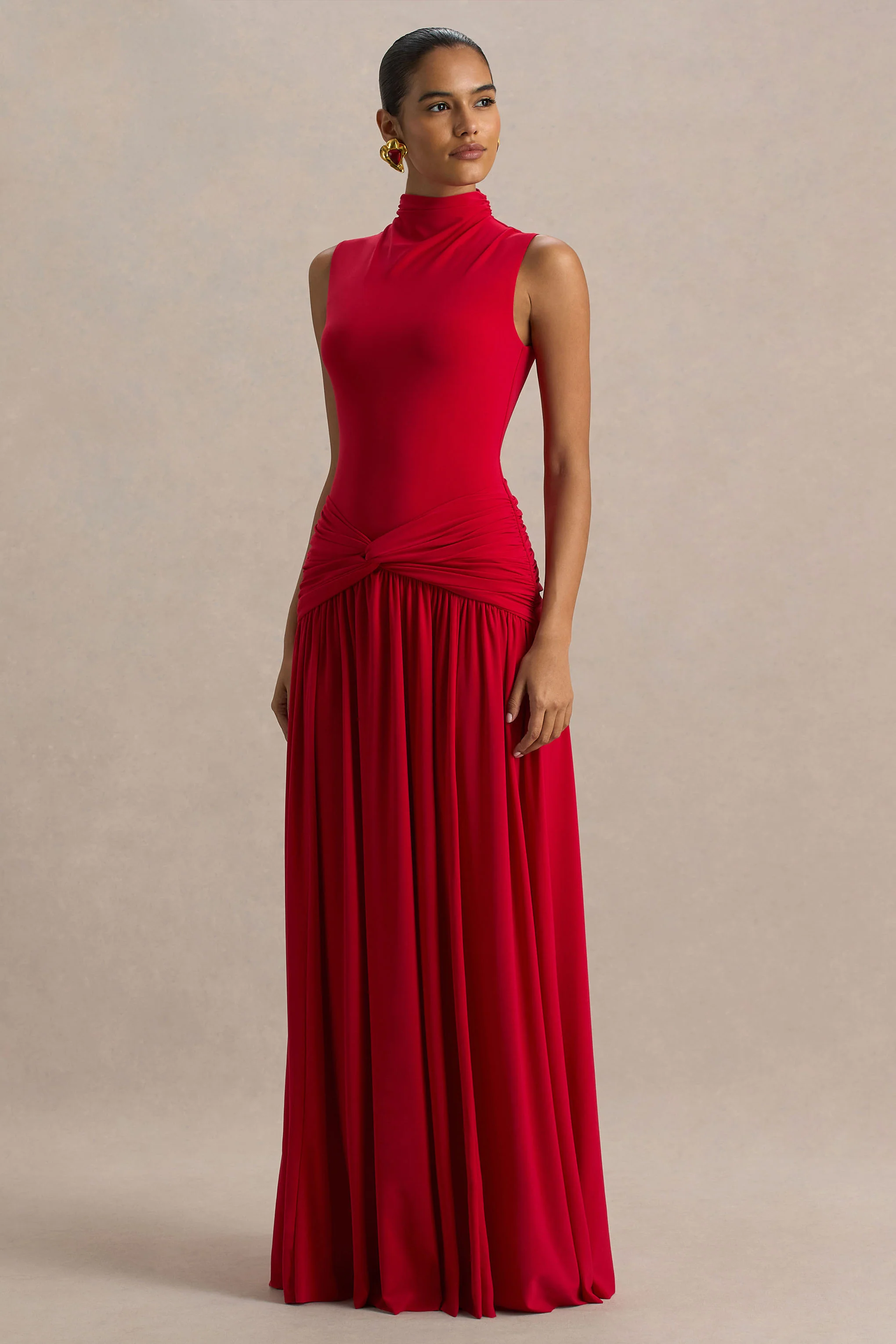 Cascade | Red High-Neck Maxi Dress With Twist Detail - Image 3