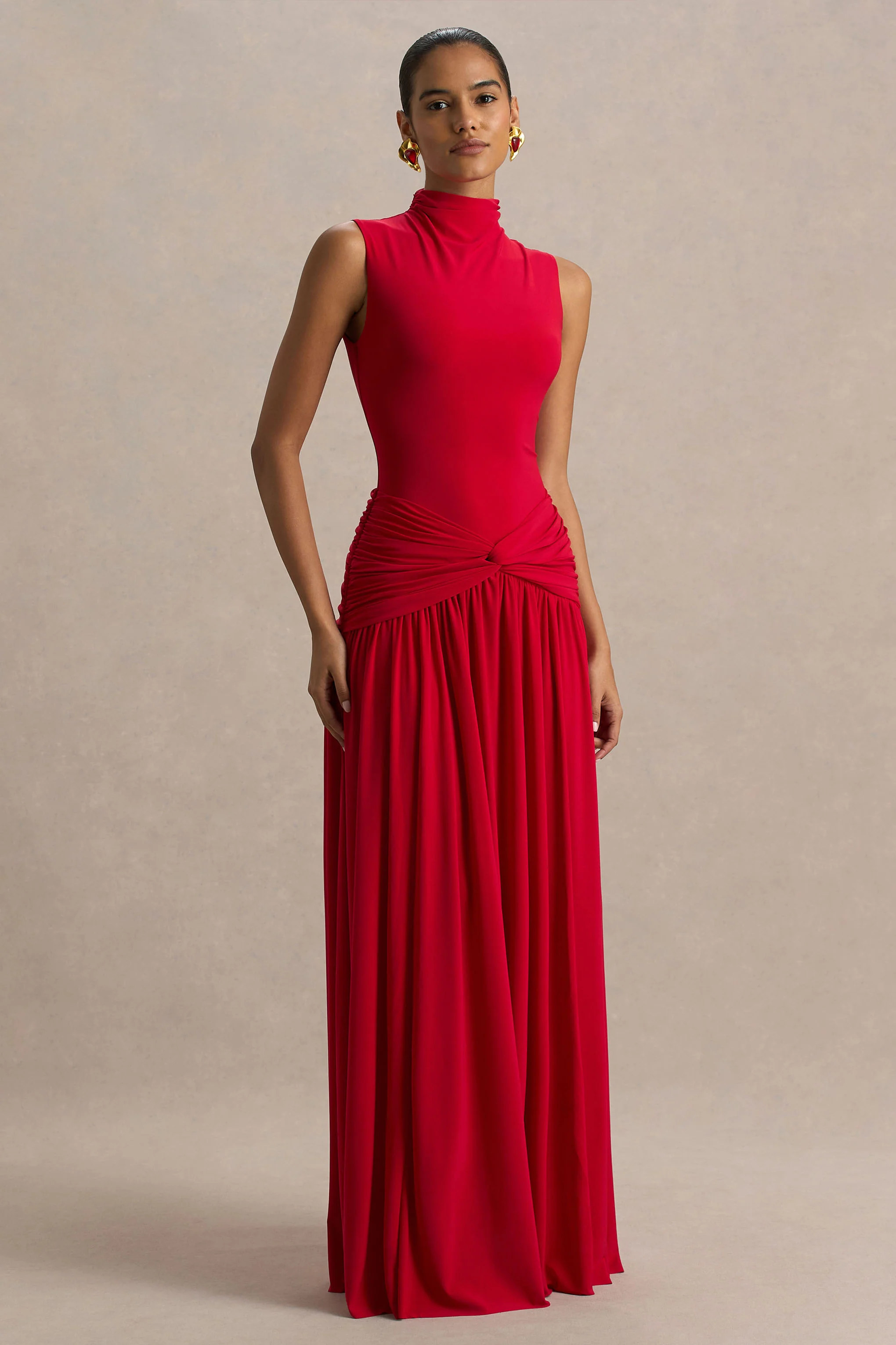 Cascade | Red High-Neck Maxi Dress With Twist Detail - Image 5