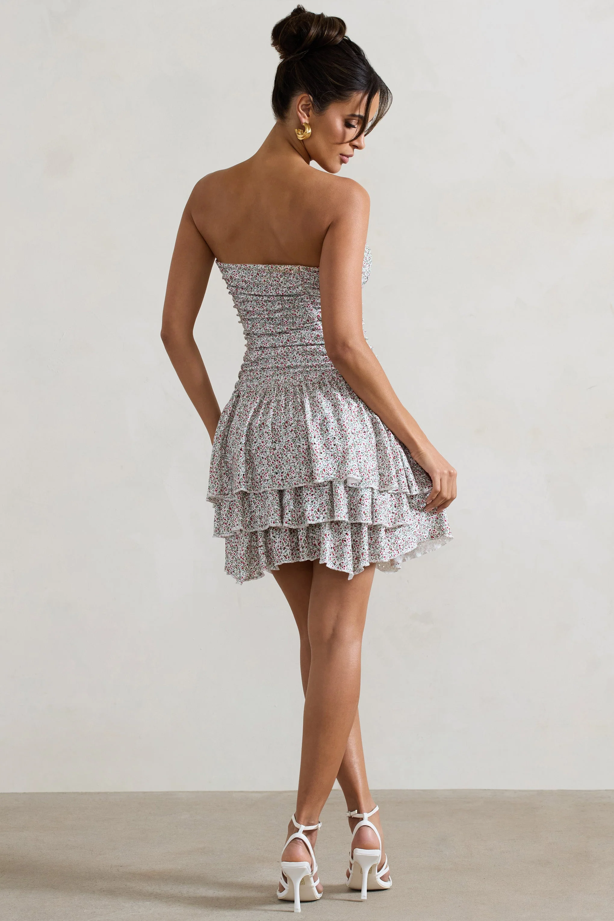 Casena | Red & White Floral Print Strapless Ruffle Hem Mini Dress - Image 2