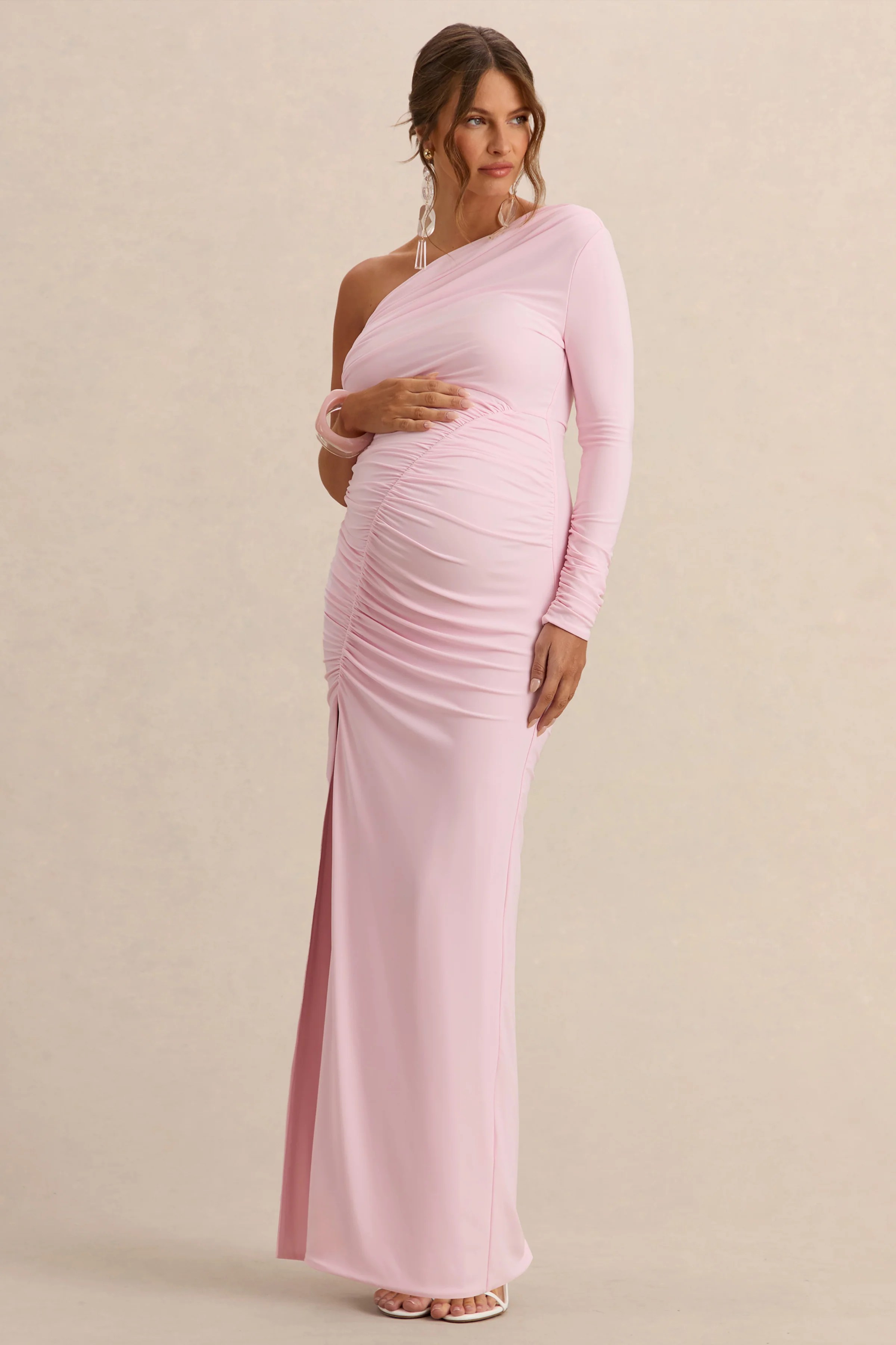 Cassiana | Light Pink Asymmetric-Neck Maternity Maxi Dress With Front-High Split - Image 4