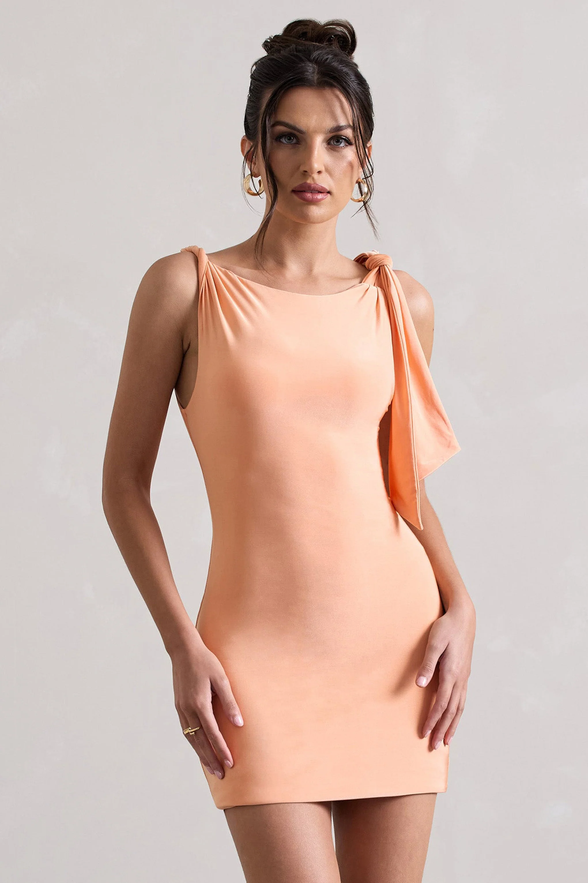 Cassie | Coral Twisted Knot Mini Dress - Image 4