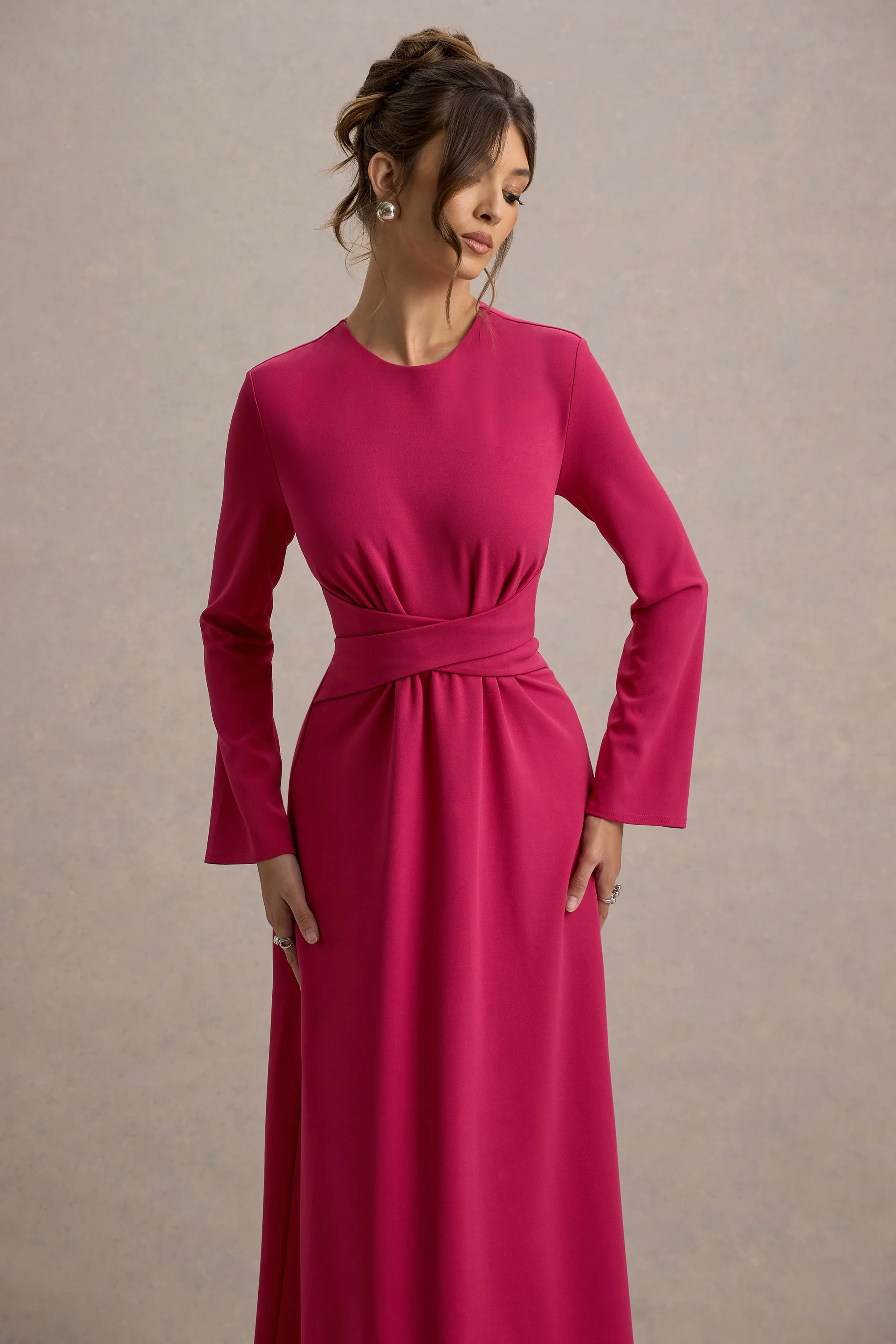 Cassiopeia | Lemon Long-Sleeve Midi Dress With Cross Waist - Image 3