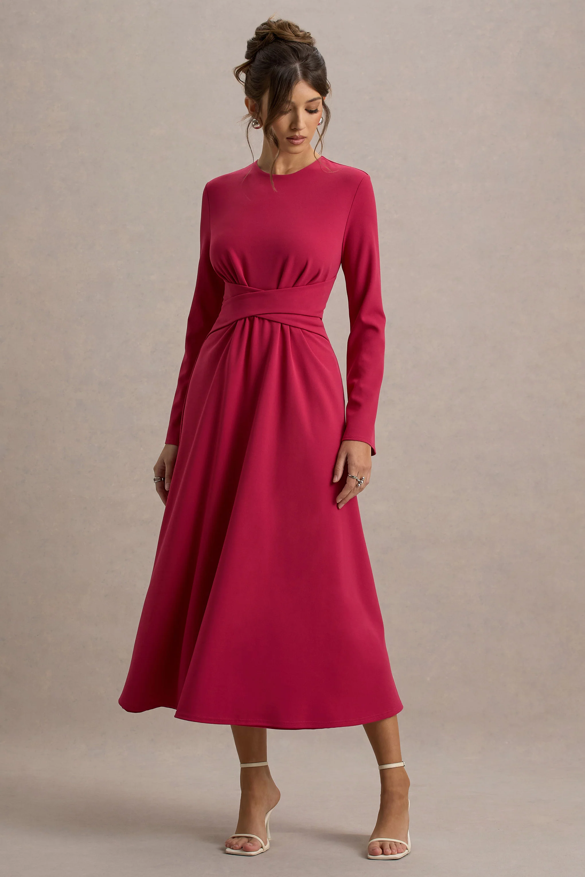 Cassiopeia | Lemon Long-Sleeve Midi Dress With Cross Waist - Image 4