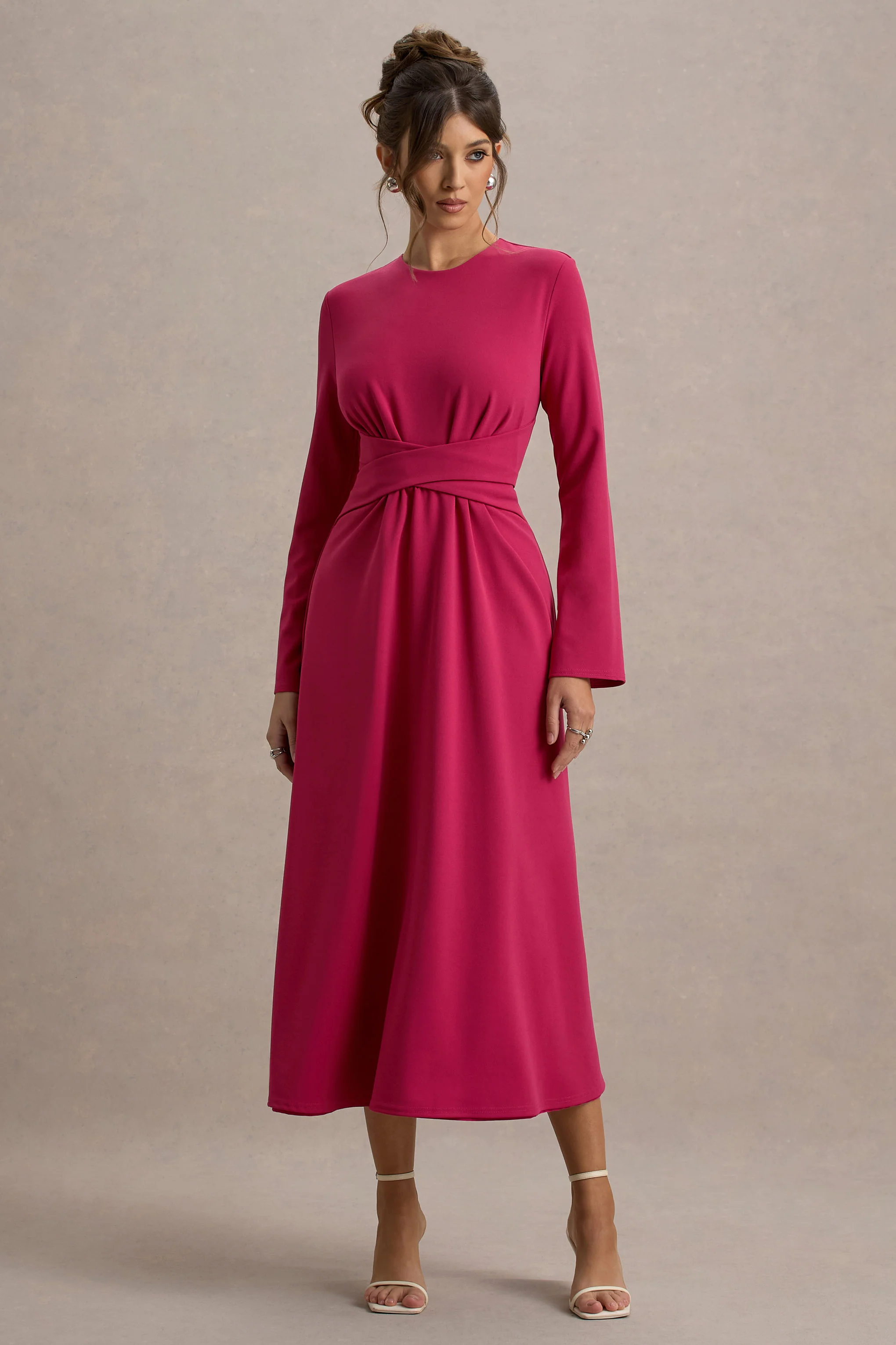 Cassiopeia | Lemon Long-Sleeve Midi Dress With Cross Waist - Image 5