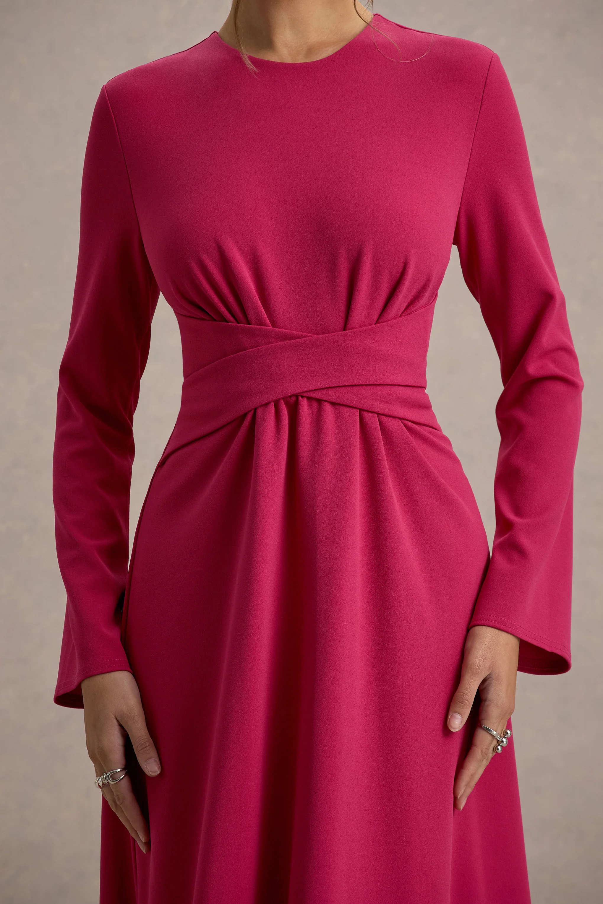Cassiopeia | Lemon Long-Sleeve Midi Dress With Cross Waist - Image 6