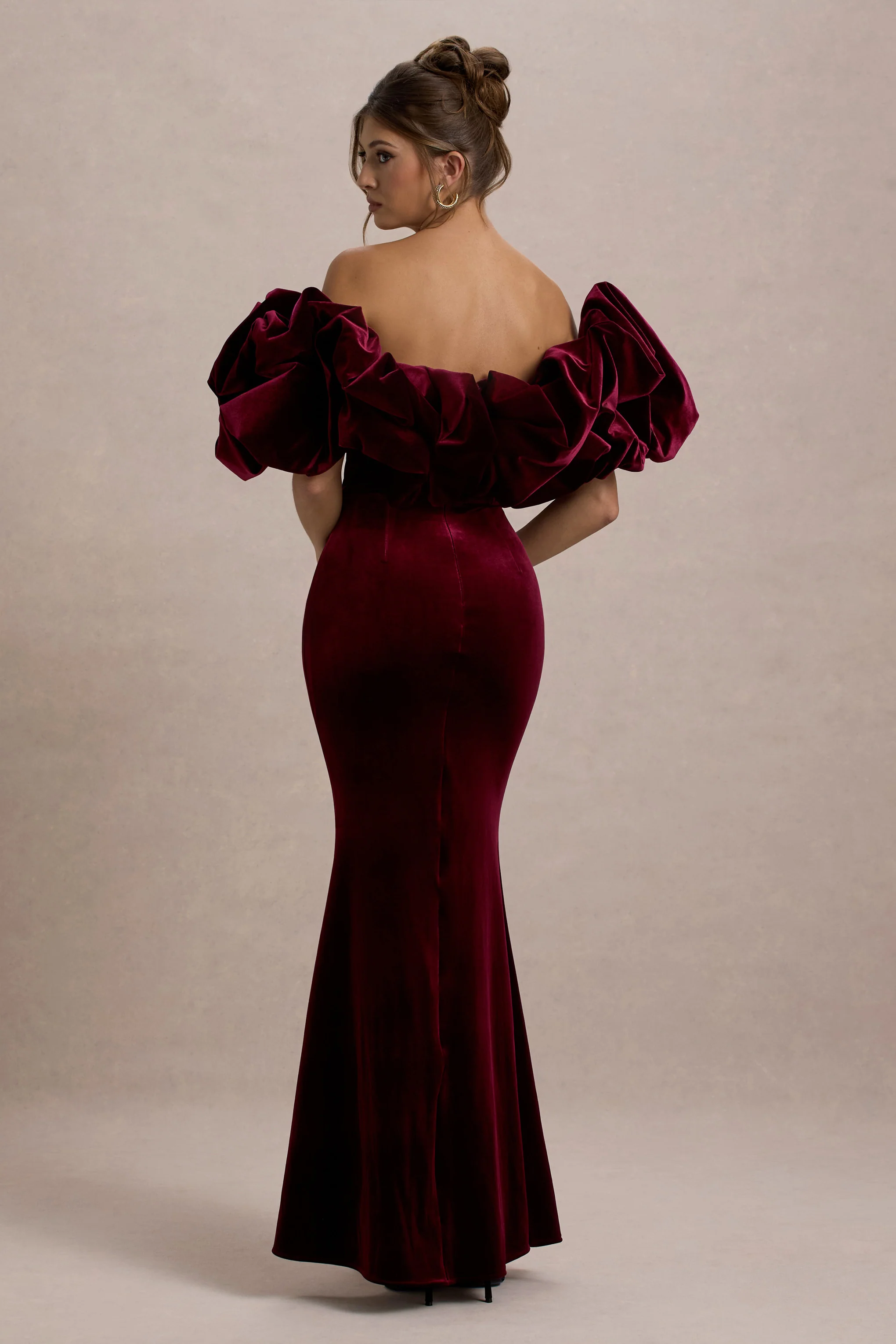 Cecily | Port Velvet Bardot Maxi Dress With Velvet Ruffle Trim - Image 2