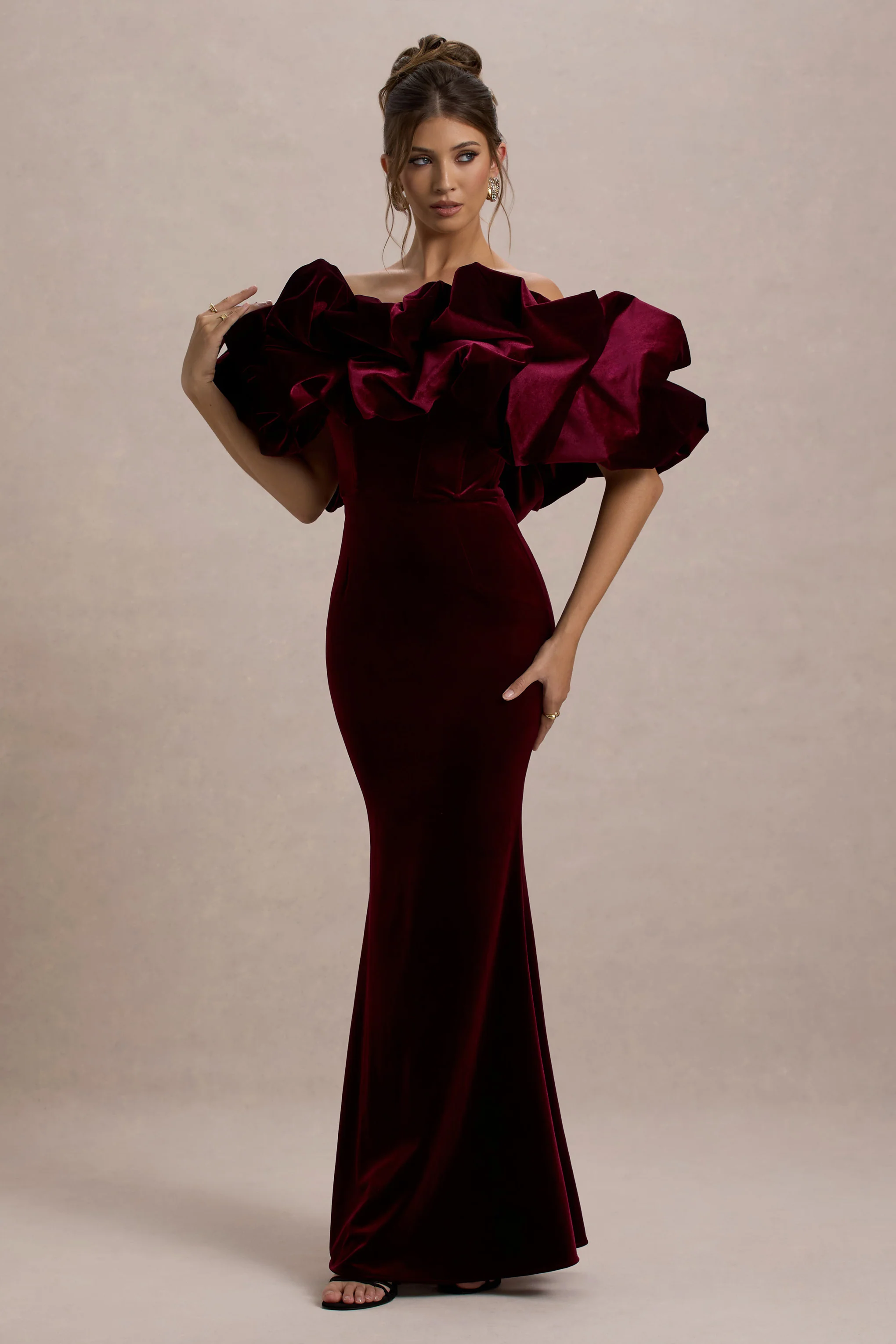 Cecily | Port Velvet Bardot Maxi Dress With Velvet Ruffle Trim - Image 5