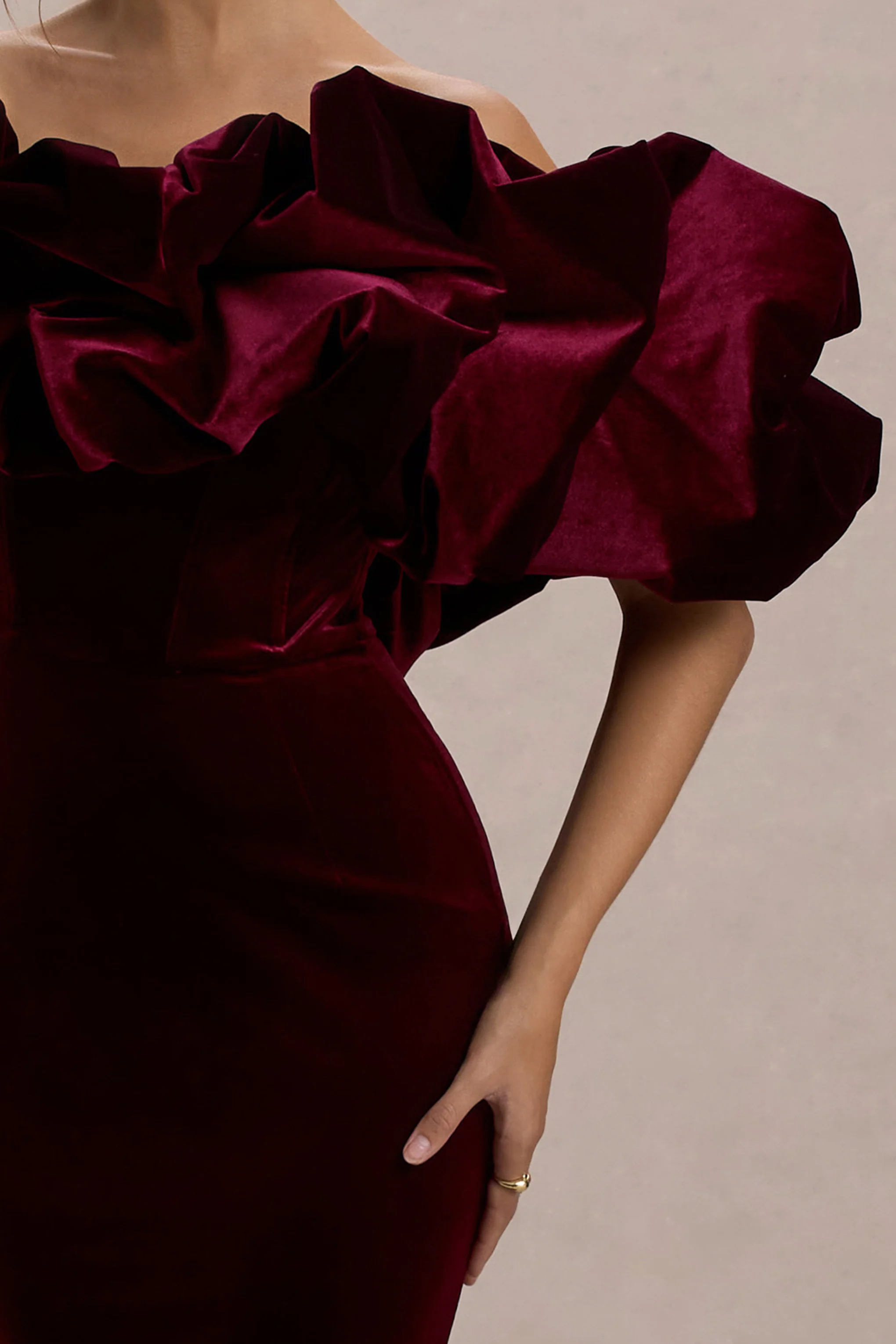 Cecily | Port Velvet Bardot Maxi Dress With Velvet Ruffle Trim - Image 6